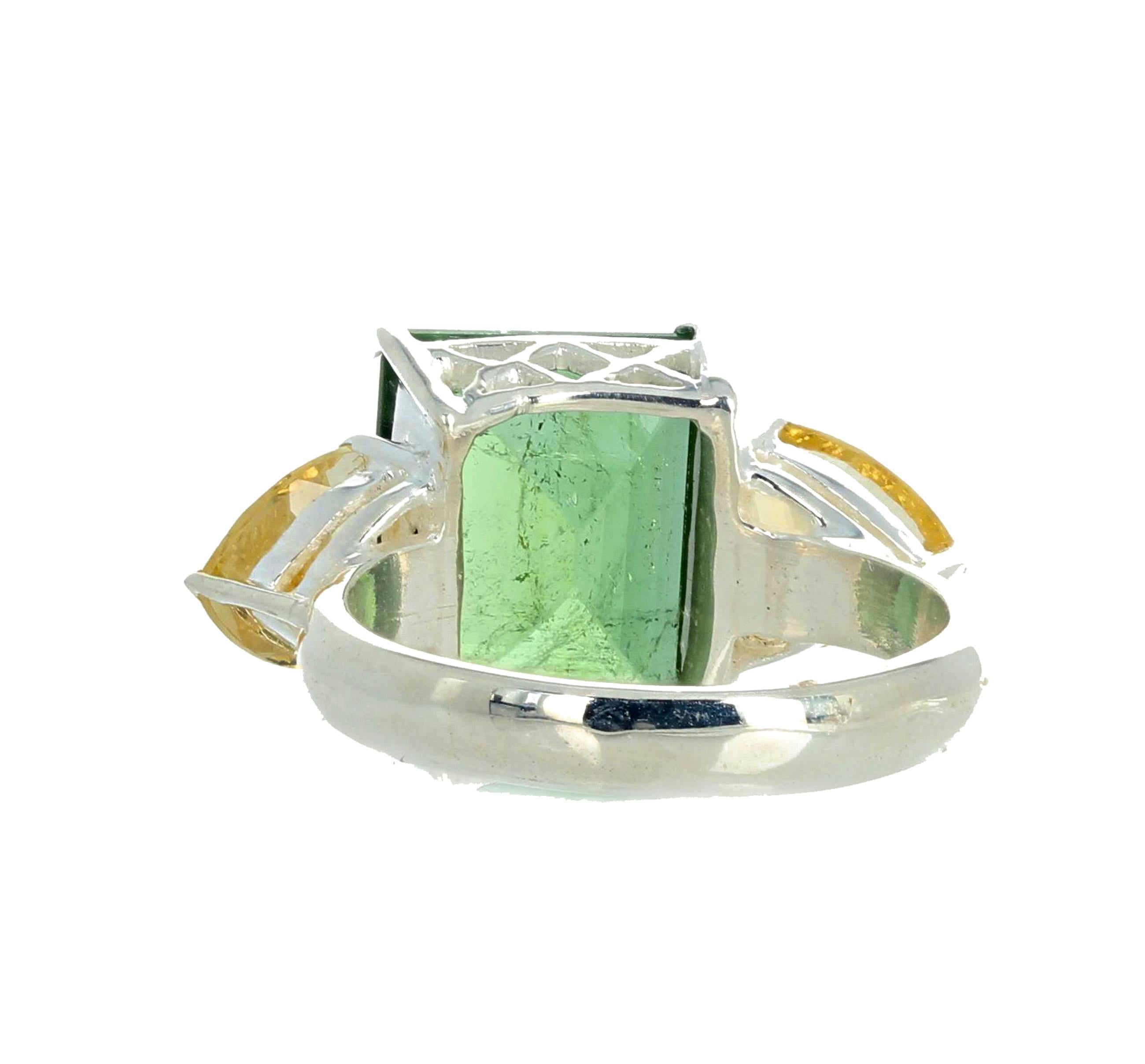 AJD Elegant Classic Large 6.5 Carat Green Tourmaline & Yellow Citrines Ring In New Condition In Raleigh, NC