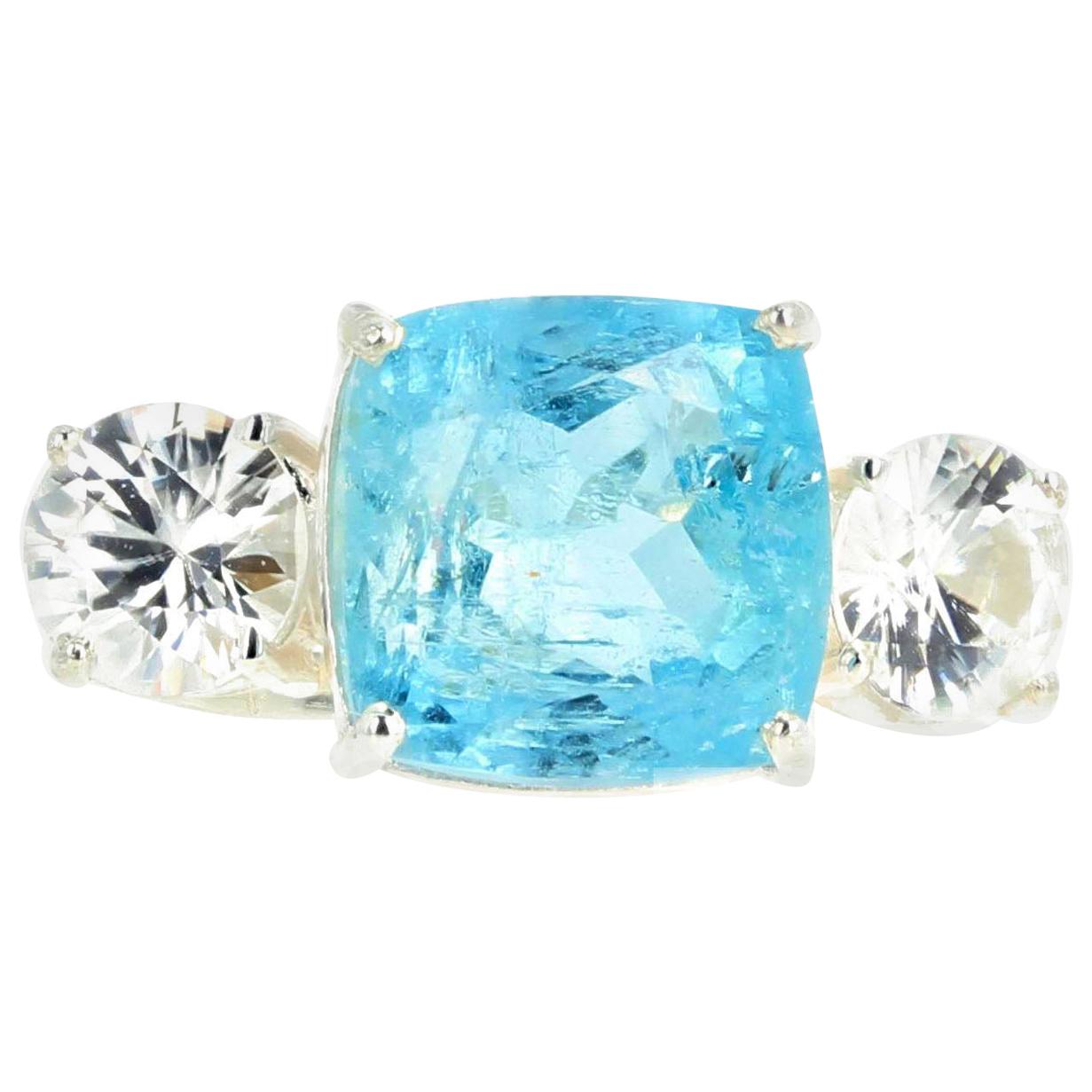 Gemjunky Elegant Lovely 6.76Ct Intense Blue Aquamarine&Natural White Zircon Ring