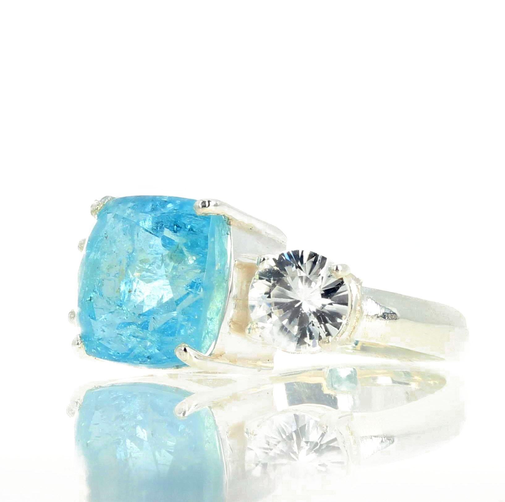 Cushion Cut Gemjunky Elegant Lovely 6.76Ct Intense Blue Aquamarine&Natural White Zircon Ring