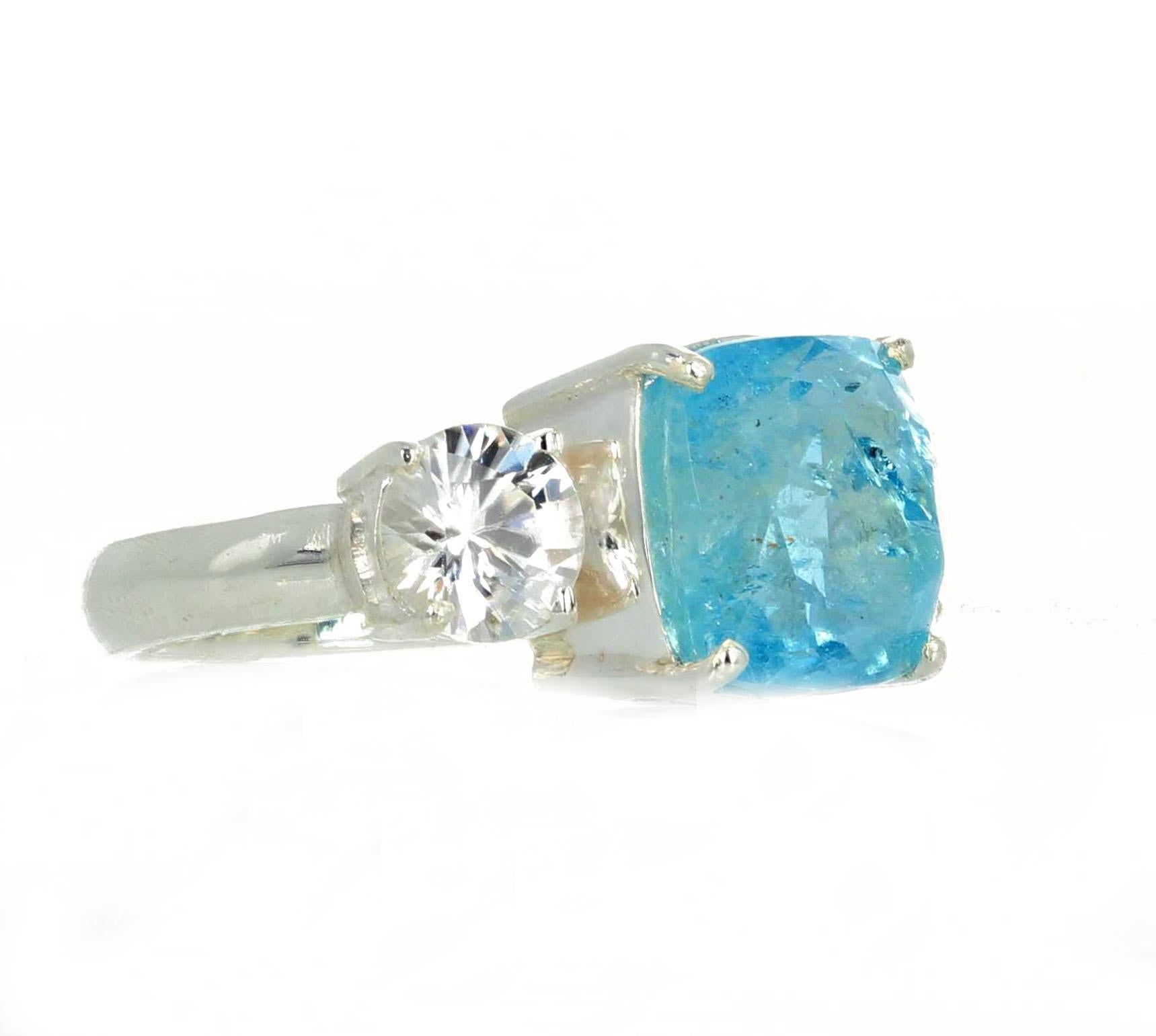Women's or Men's Gemjunky Elegant Lovely 6.76Ct Intense Blue Aquamarine&Natural White Zircon Ring