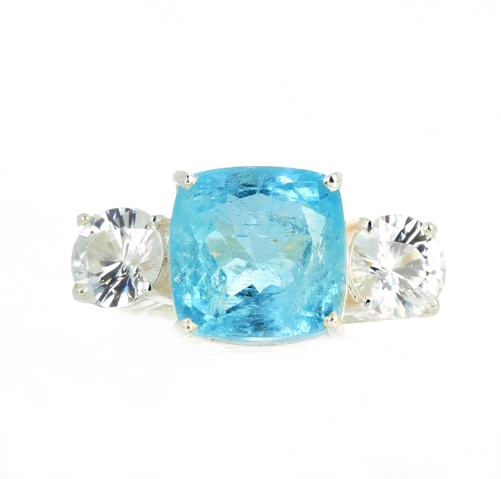 Gemjunky Elegant Lovely 6.76Ct Intense Blue Aquamarine&Natural White Zircon Ring 1