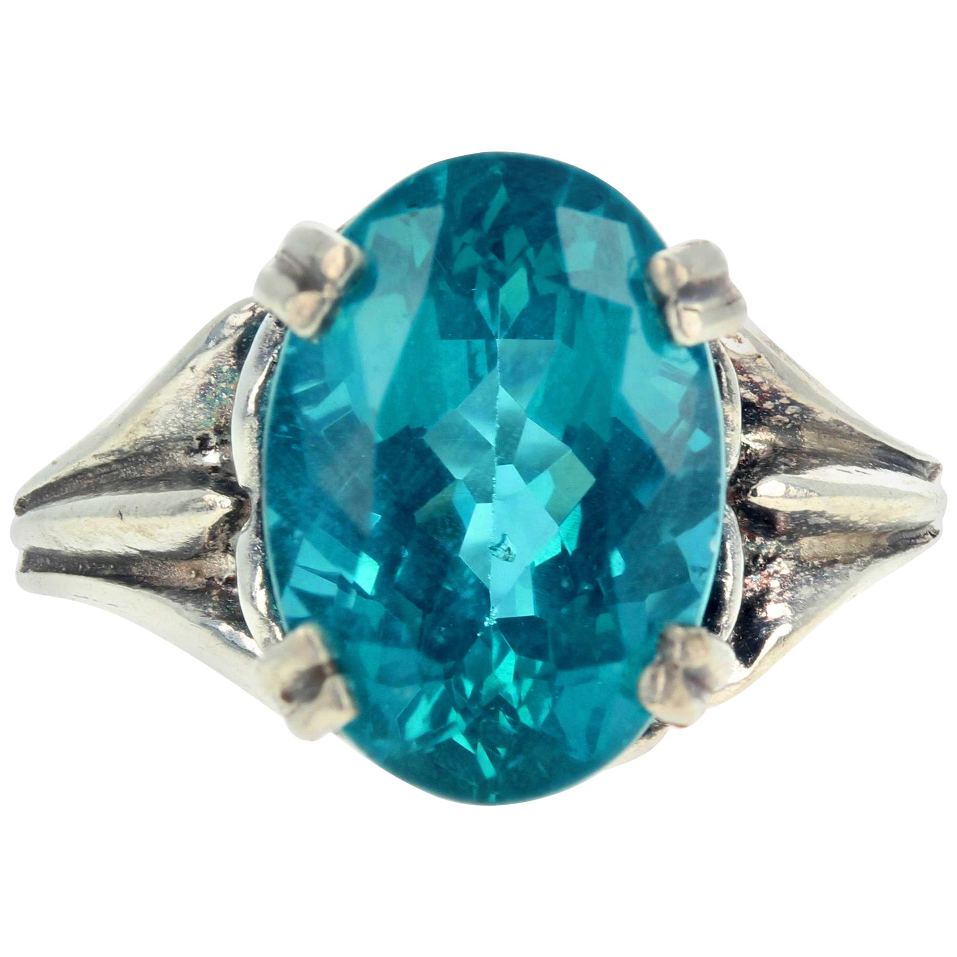 AJD Elegant Fiery Intense Turquoise Blue 5.7 Ct. Real Apatite Silver Ring