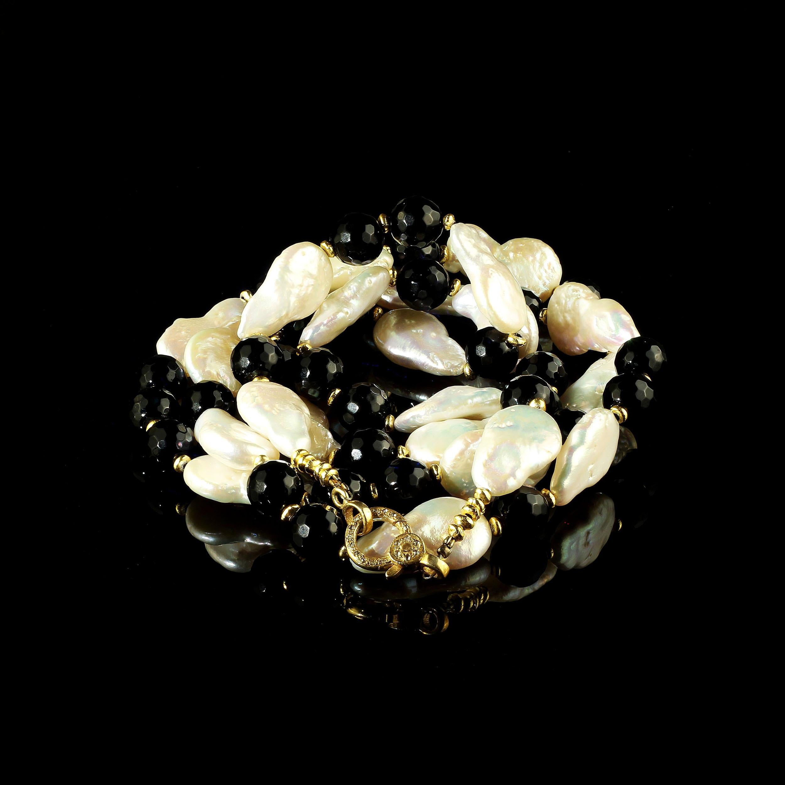 Artisan AJD Elegant Freshwater Pearl and Black Onyx Necklace June Birthstone