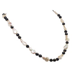 AJD Elegant Freshwater Pearl and Black Onyx Necklace June Birthstone