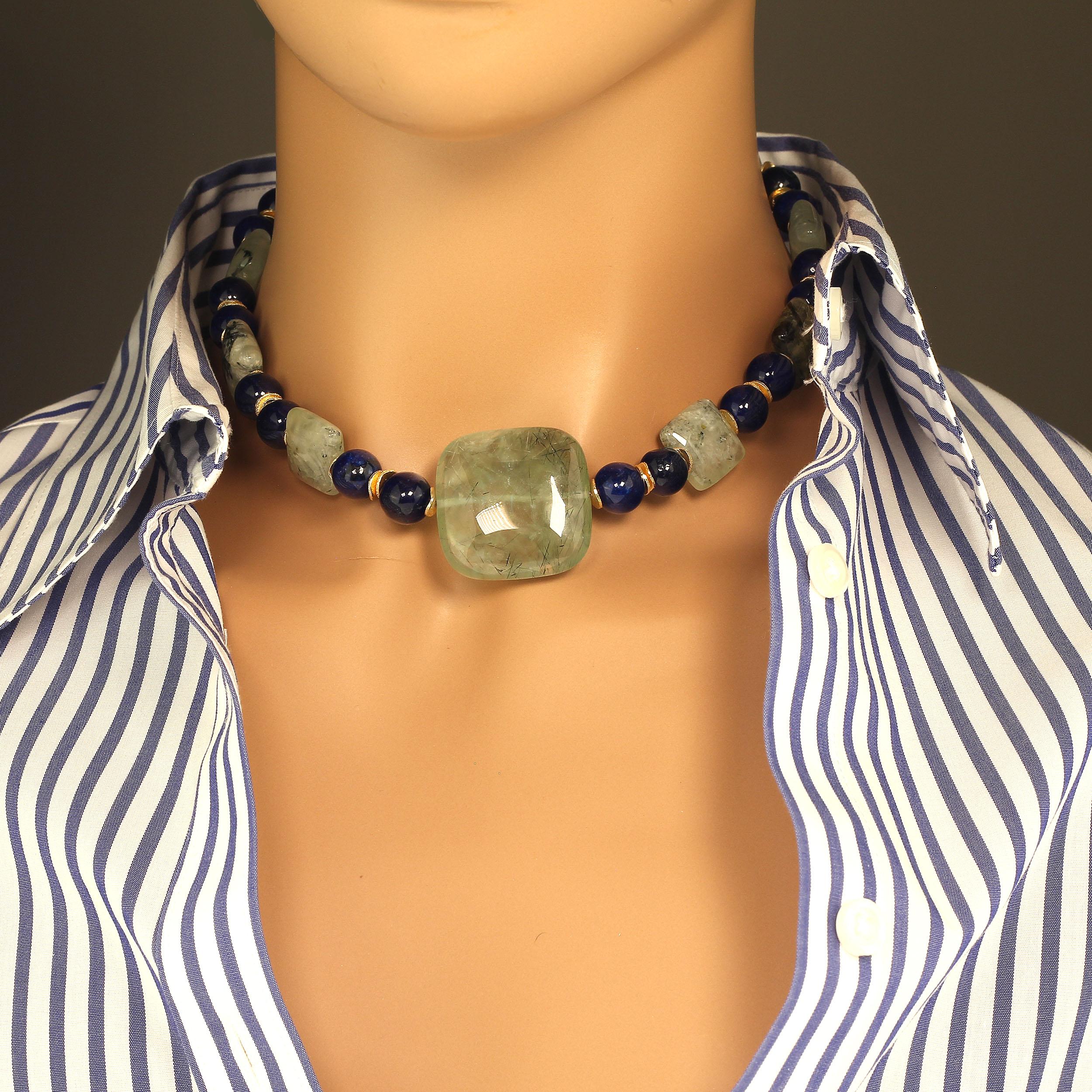 Unique 16 inch choker necklace of green Prehnite and blue Agate. This gorgeous Prehnite comes straight from one of our favorite suppliers in Sao Paulo, Brazil. Our elegant necklace features interesting Prehnite in three sizes of square tablets, one
