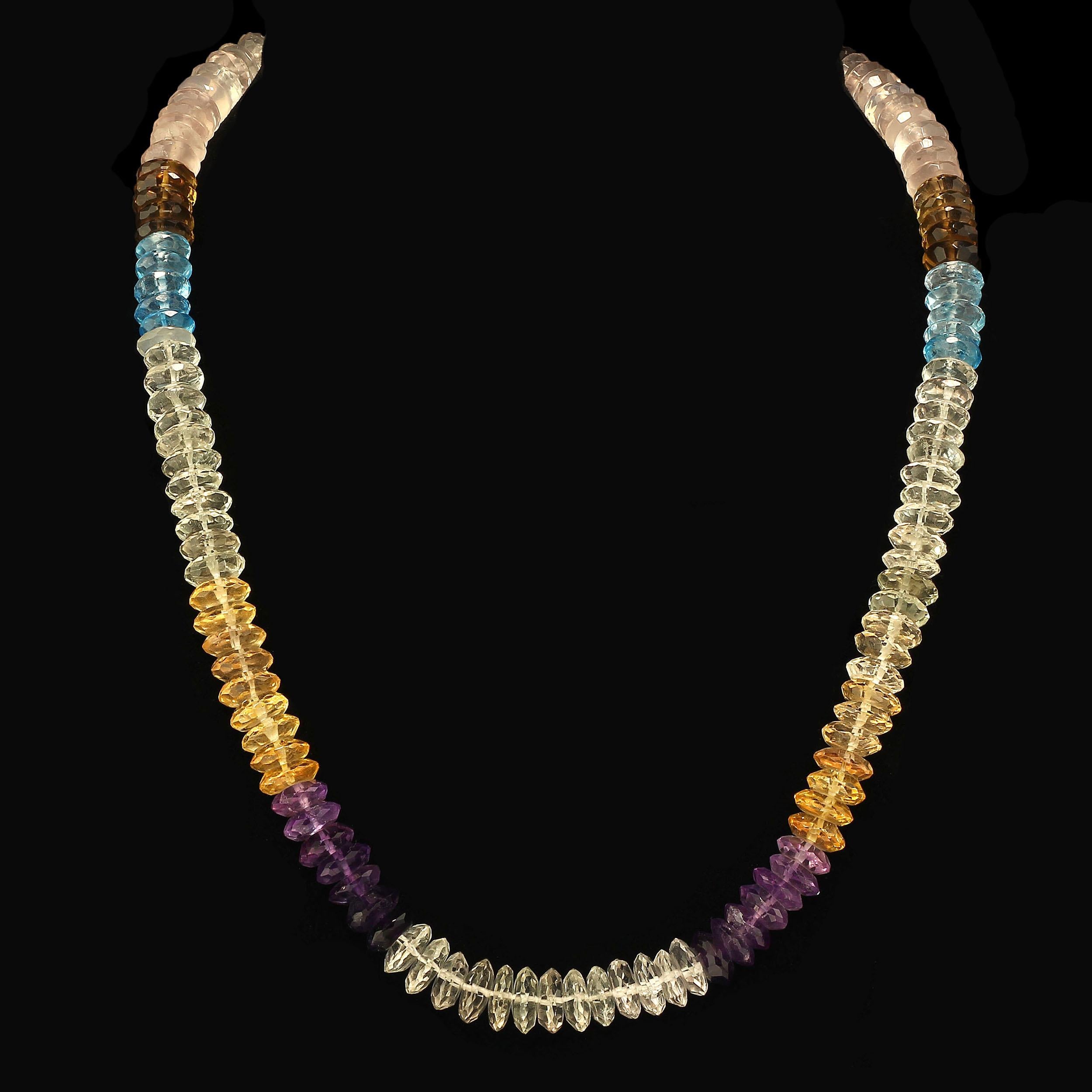 Lots of color in the lovely gemstone necklace. Wear this expandable necklace, 17-18.5 inches, to enhance your entire wardrobe. The lively colors are a delight, amethyst, citrine, rose quartz, green quartz, smoky, blue topaz, quartz crystal all