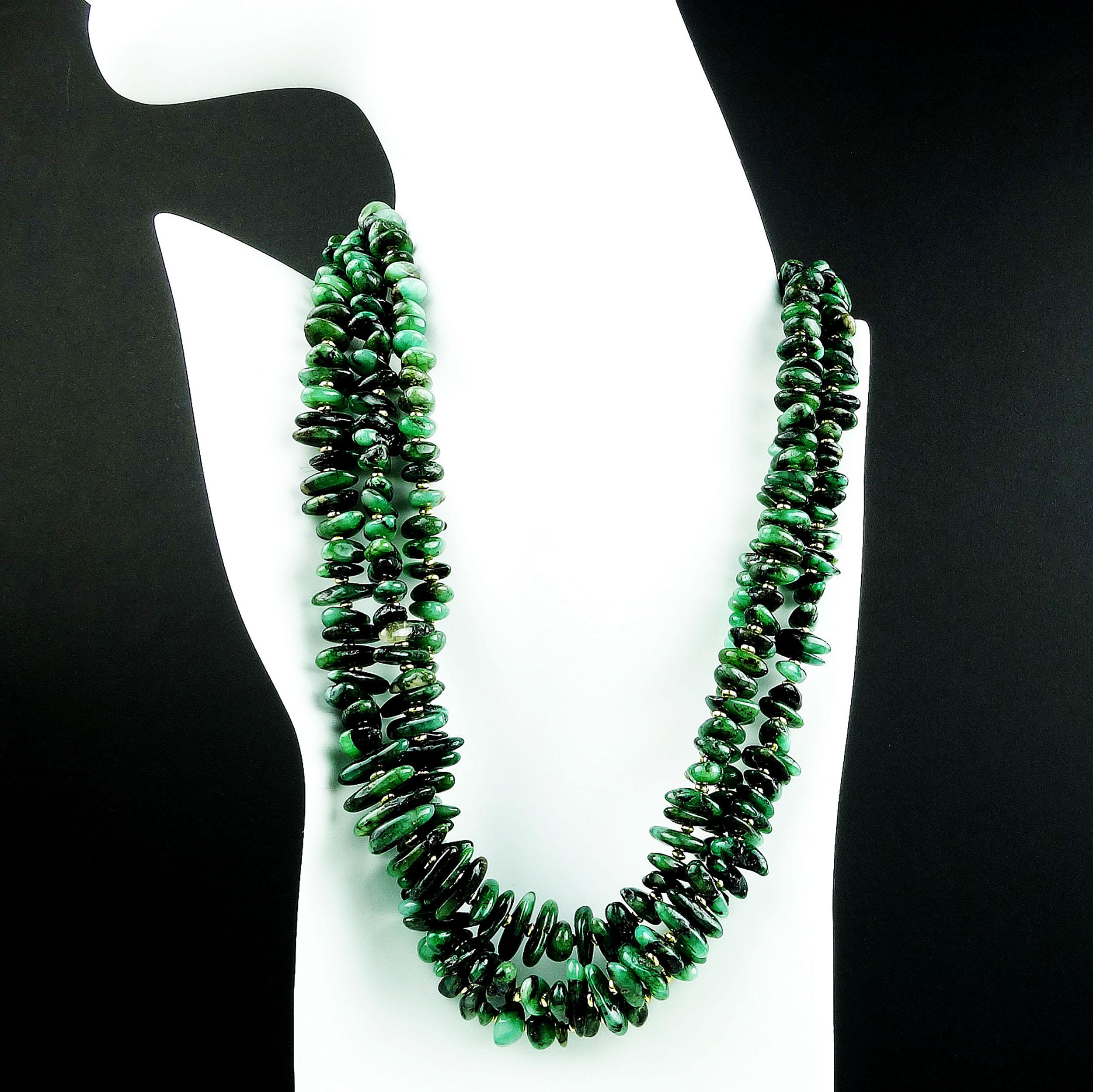 Artisan AJD Elegant Three-Strand Necklace Highly Polished Emerald Chips May Birthstone