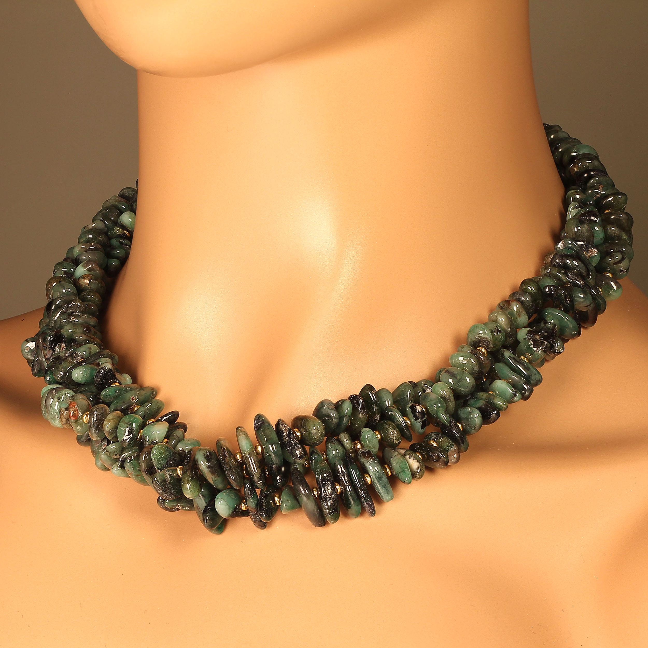 Bead AJD Elegant Three-Strand Necklace Highly Polished Emerald Chips May Birthstone