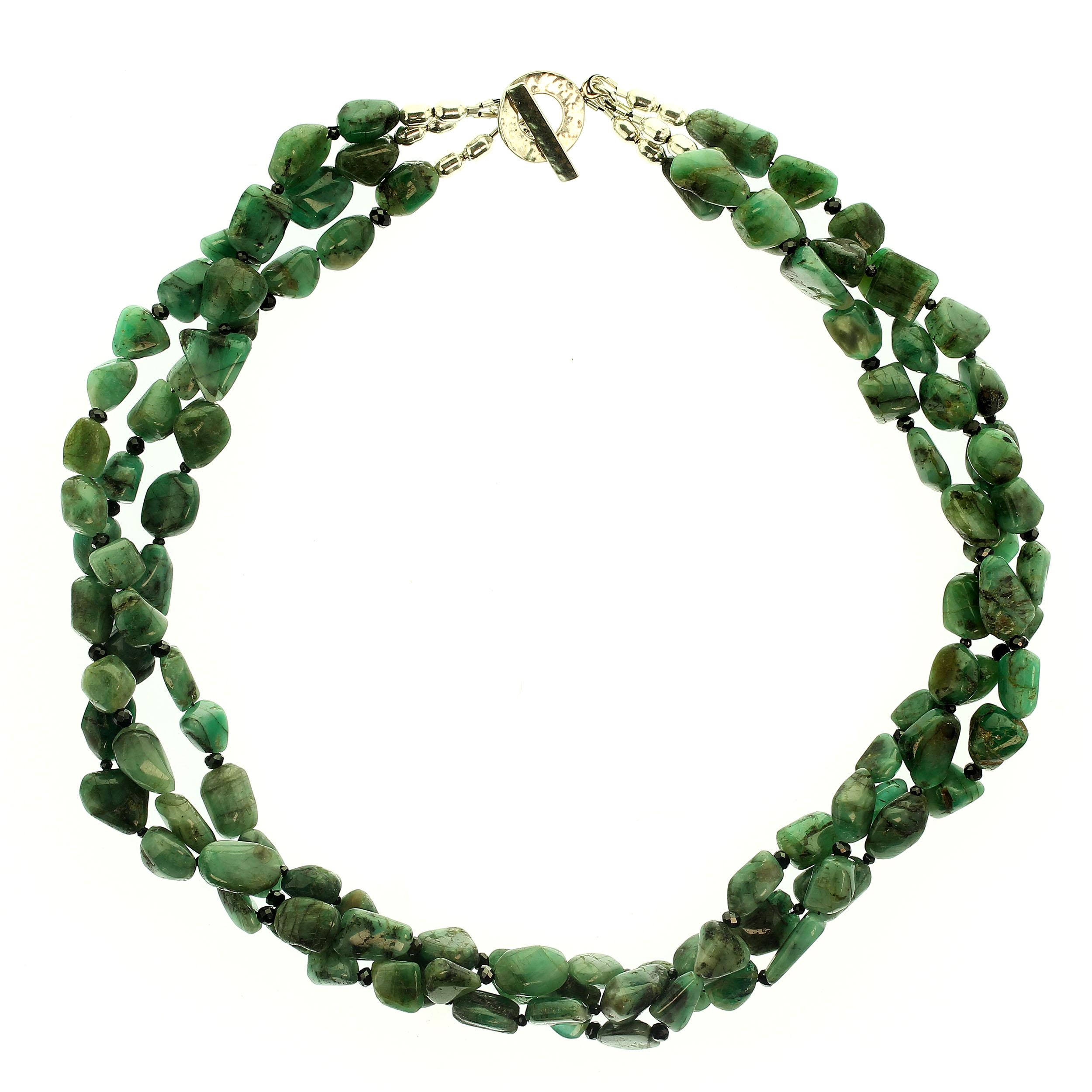 Gemjunky Three-Strand Emerald Nugget & Black Spinel Necklace   May Birthstone 4