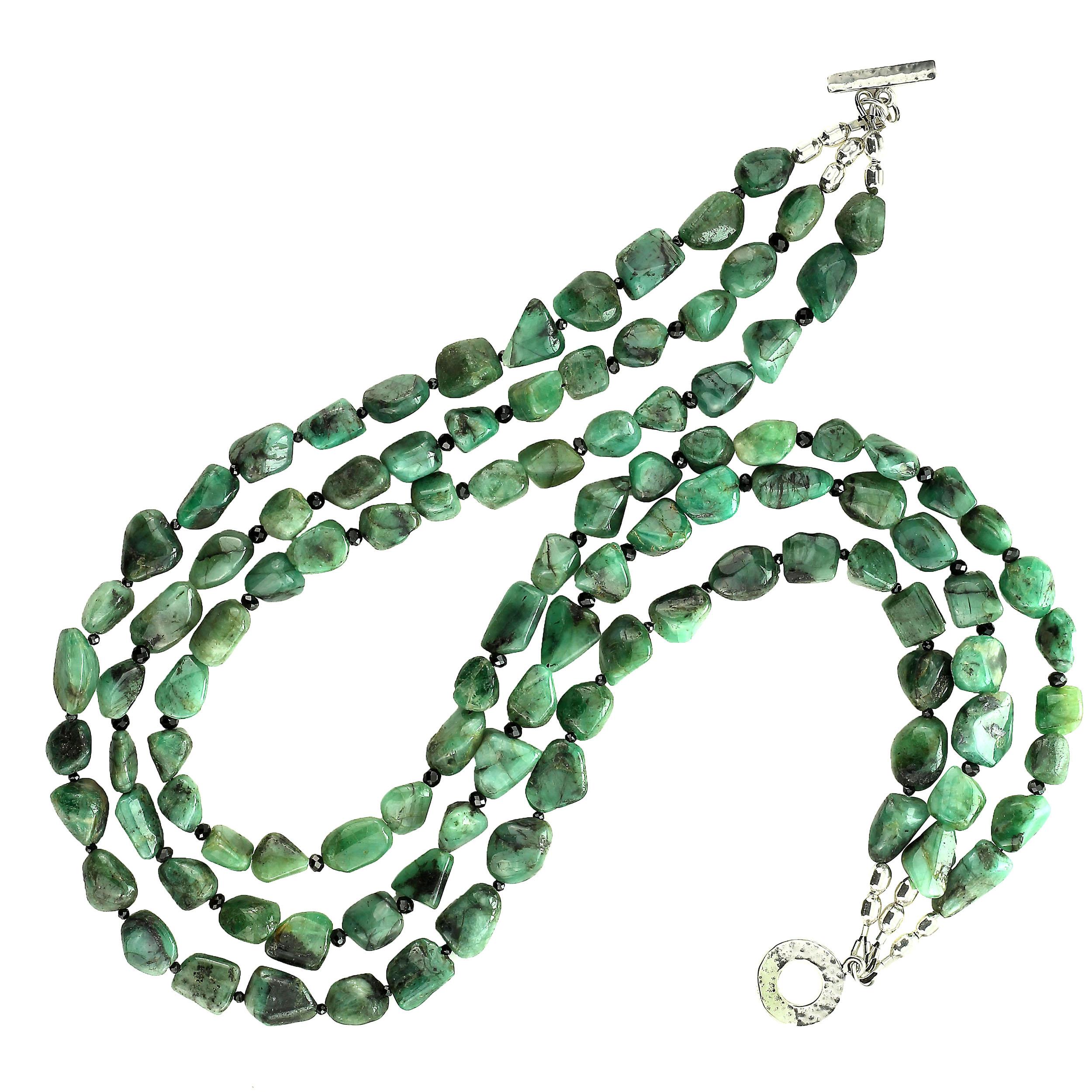 Women's or Men's Gemjunky Three-Strand Emerald Nugget & Black Spinel Necklace   May Birthstone