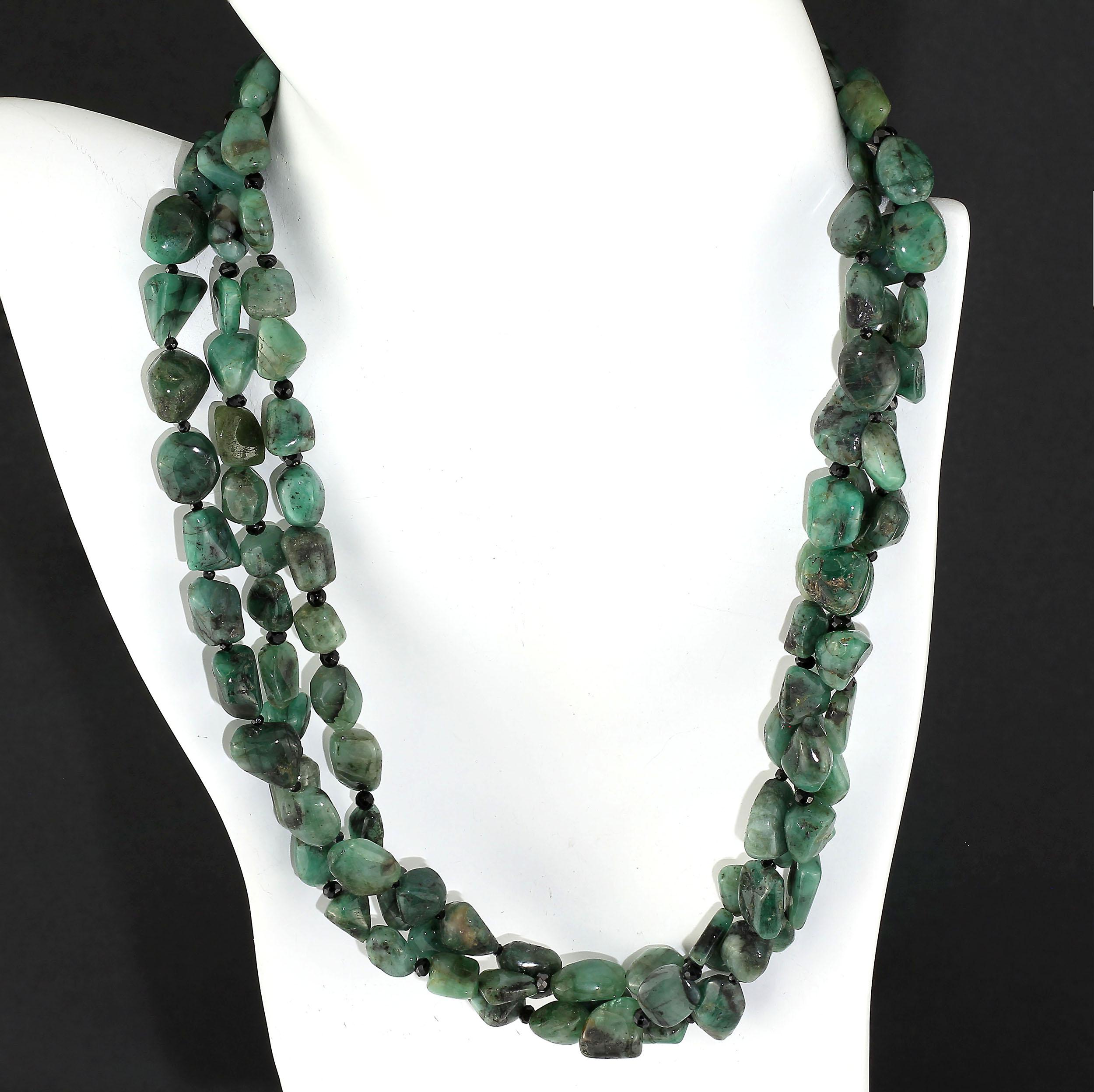 Contemporary Gemjunky Three-Strand Emerald Nugget & Black Spinel Necklace   May Birthstone