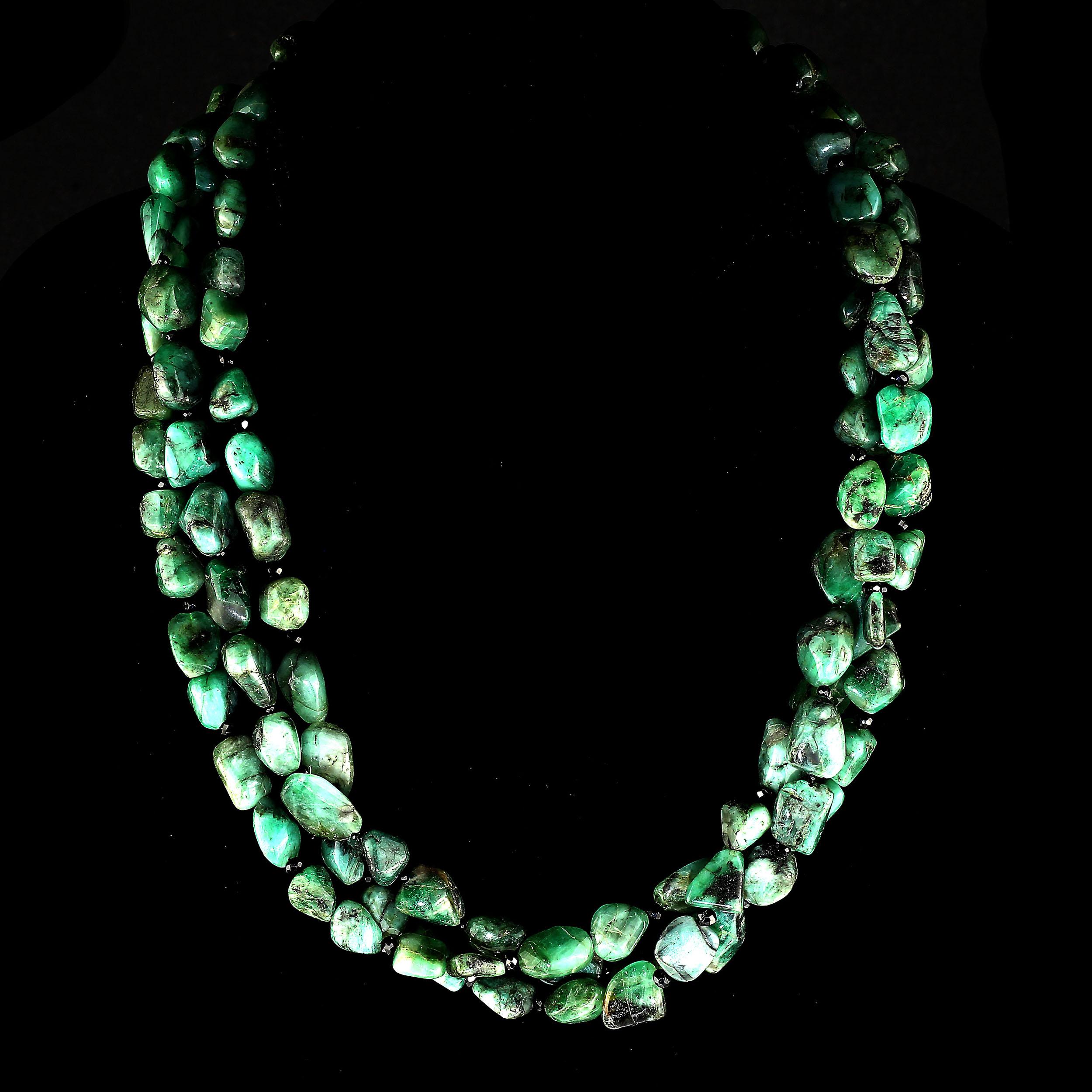 Bead Gemjunky Three-Strand Emerald Nugget & Black Spinel Necklace   May Birthstone