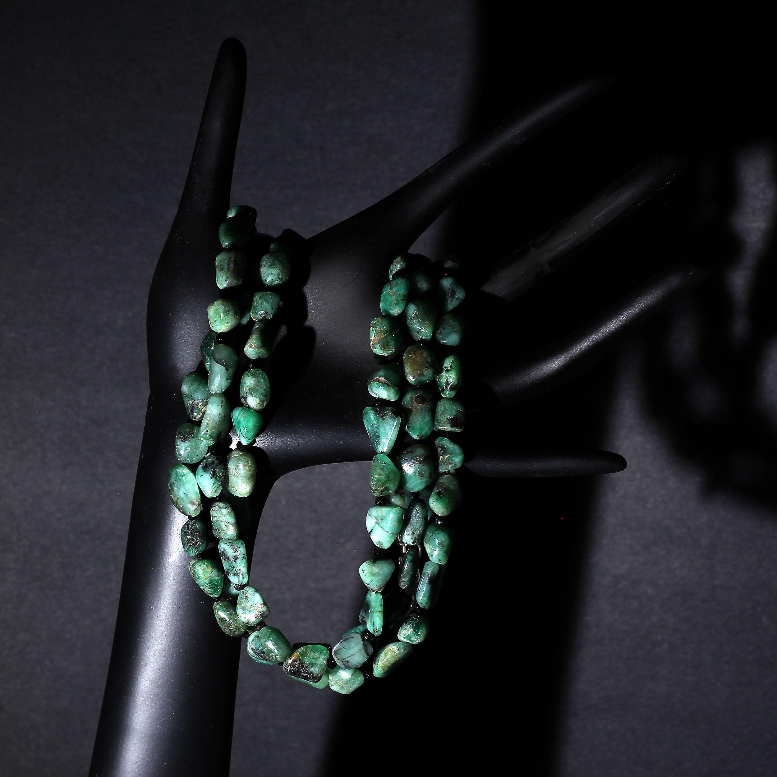 Gemjunky Three-Strand Emerald Nugget & Black Spinel Necklace   May Birthstone 1