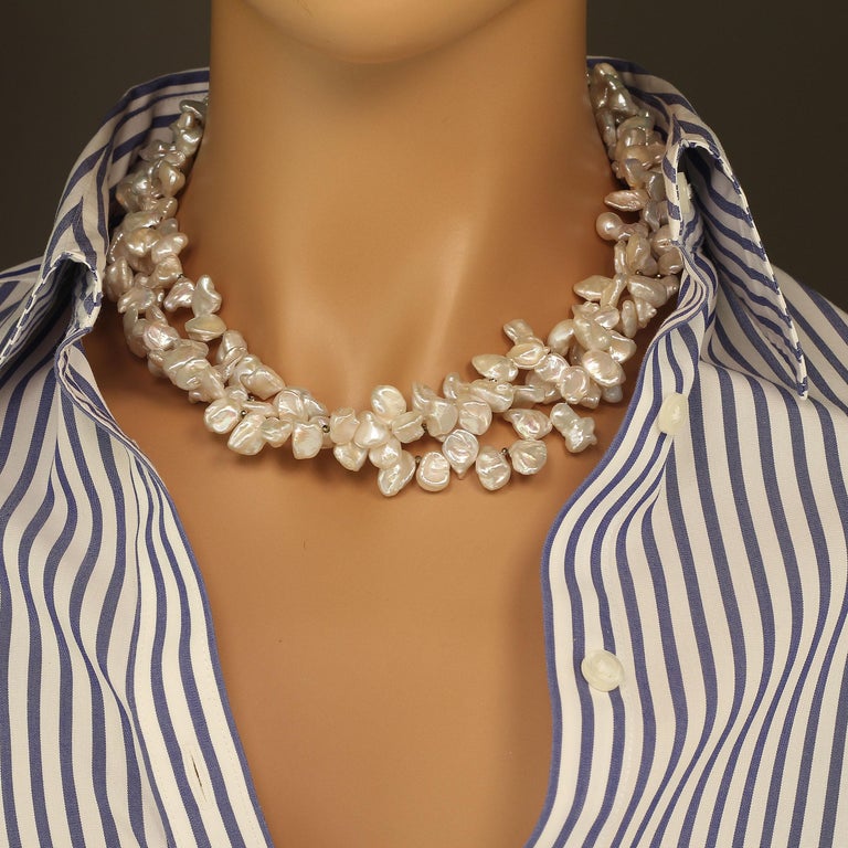 Artisan AJD Elegant Three Strand White Pearl Collar Pyrite Accents June Birthstone