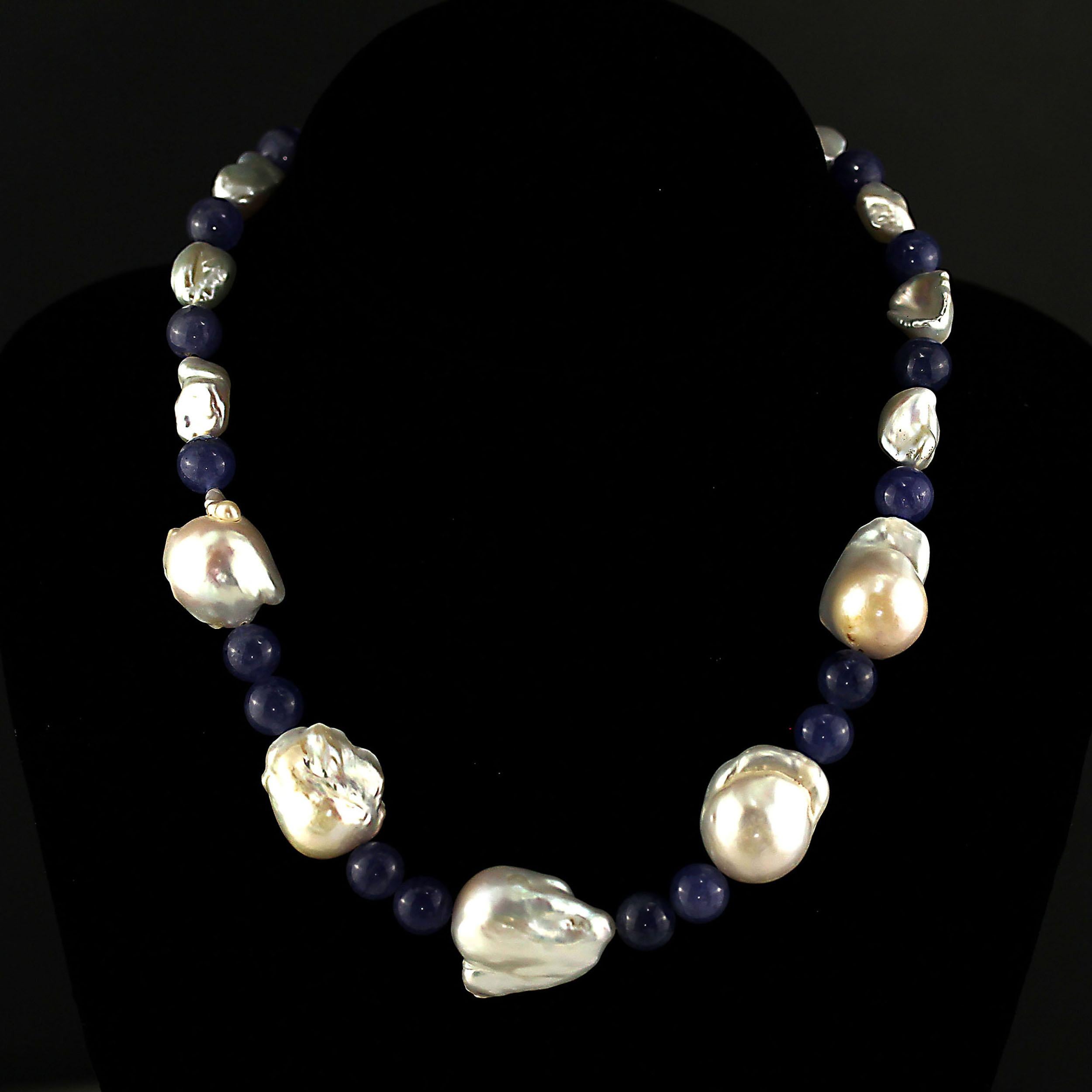 AJD Elegant White Baroque Pearl and Tanzanite Necklace June Birthstone In New Condition In Raleigh, NC