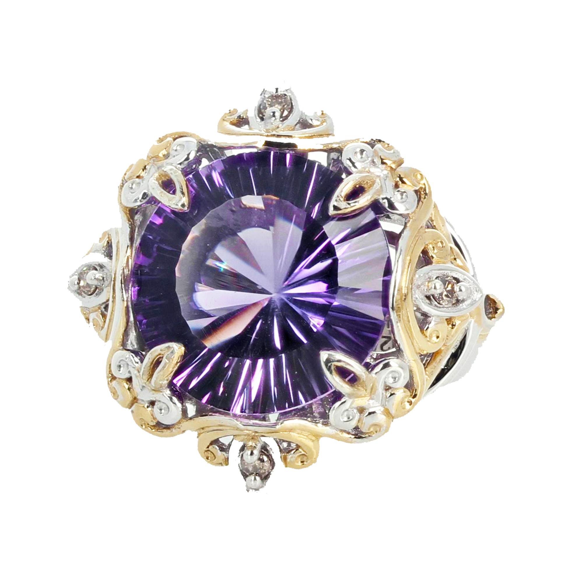 AJD Famous Fantasy Cut 8.9Ct. Natural Amethyst Sterling Silver & Goldy Ring For Sale 2