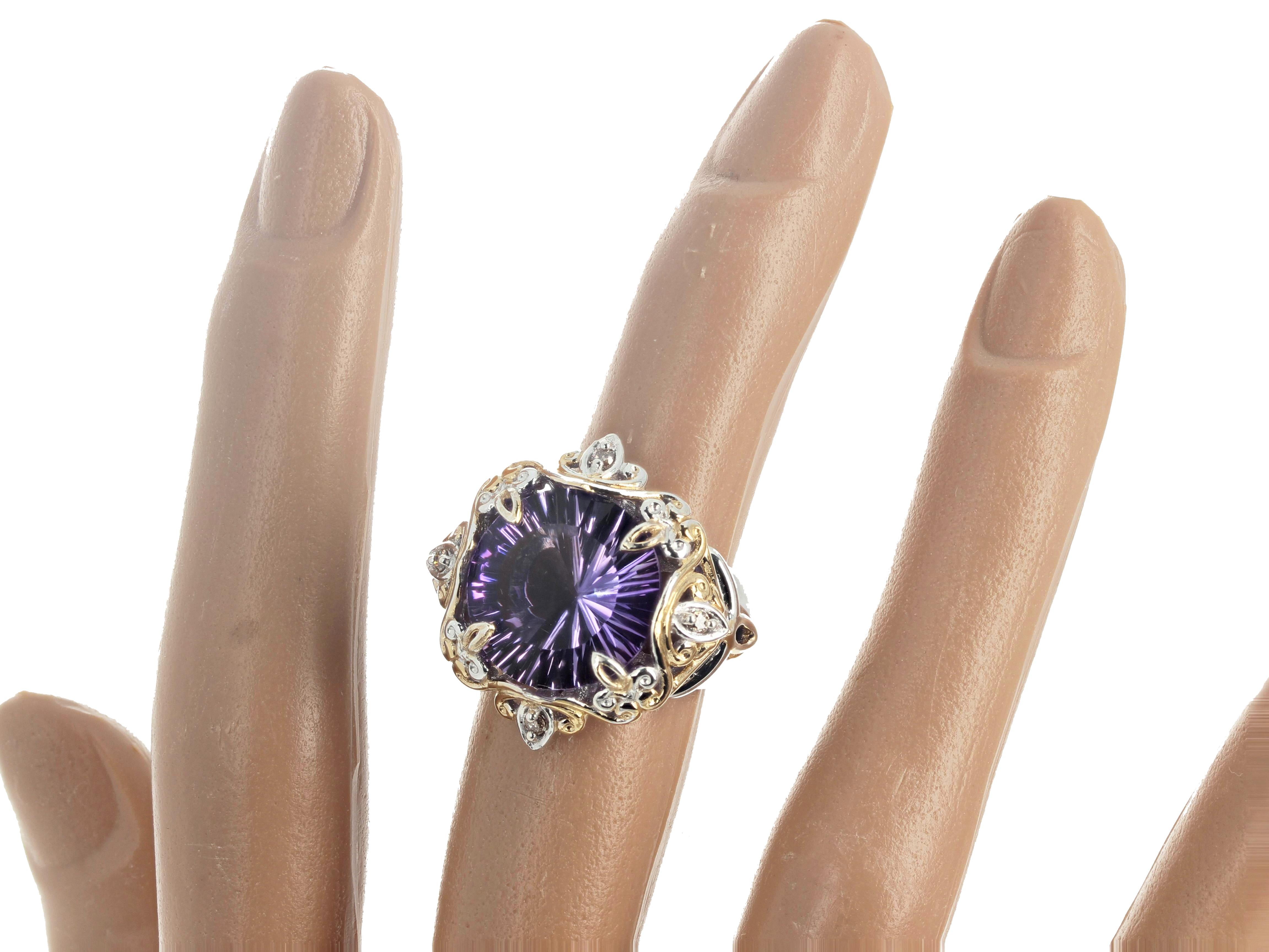 AJD Famous Fantasy Cut 8.9Ct. Natural Amethyst Sterling Silver & Goldy Ring For Sale 3