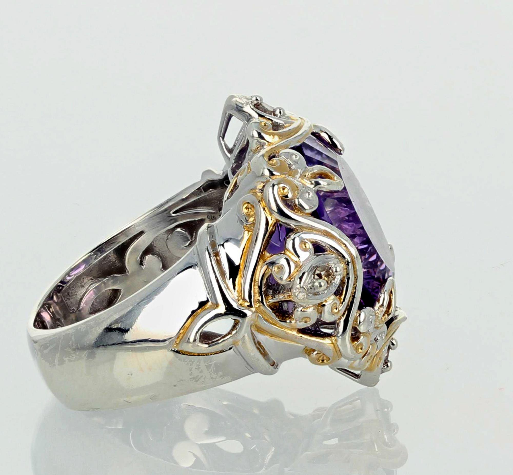 Round Cut AJD Famous Fantasy Cut 8.9Ct. Natural Amethyst Sterling Silver & Goldy Ring For Sale