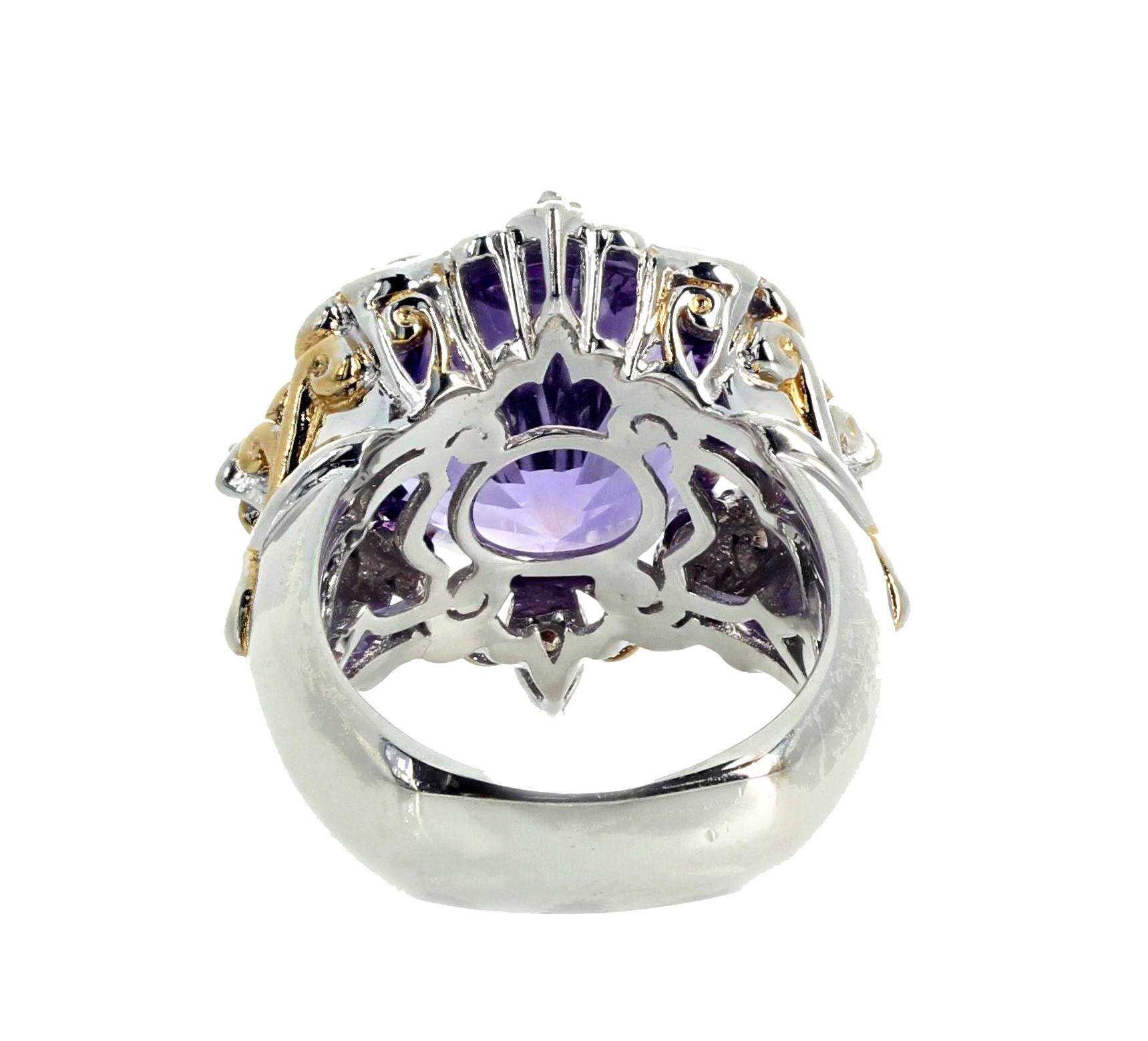 AJD Famous Fabulous Cut 8.9Ct. Natural Amethyst Sterling Silver & Goldy Ring In New Condition For Sale In Raleigh, NC
