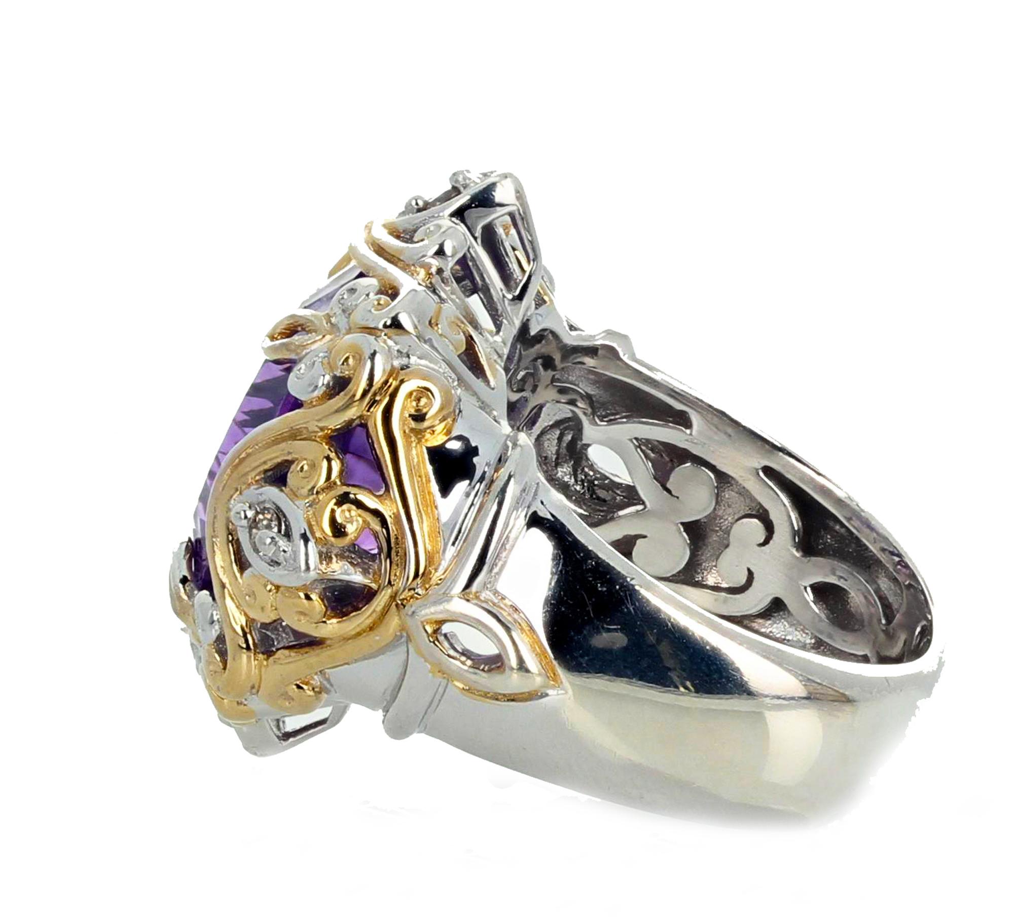 Women's or Men's AJD Famous Fantasy Cut 8.9Ct. Natural Amethyst Sterling Silver & Goldy Ring For Sale