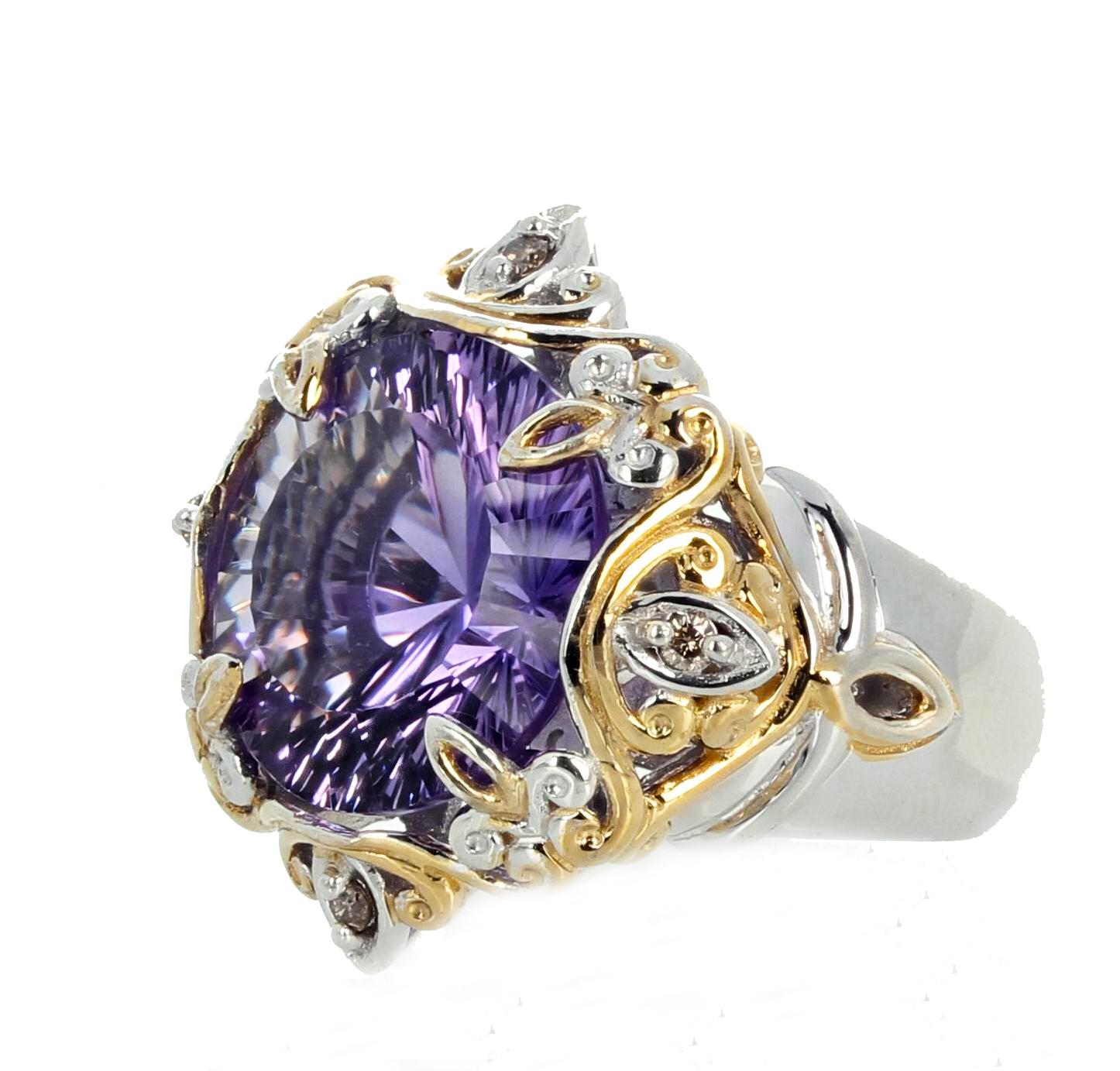 AJD Famous Fantasy Cut 8.9Ct. Natural Amethyst Sterling Silver & Goldy Ring For Sale 1