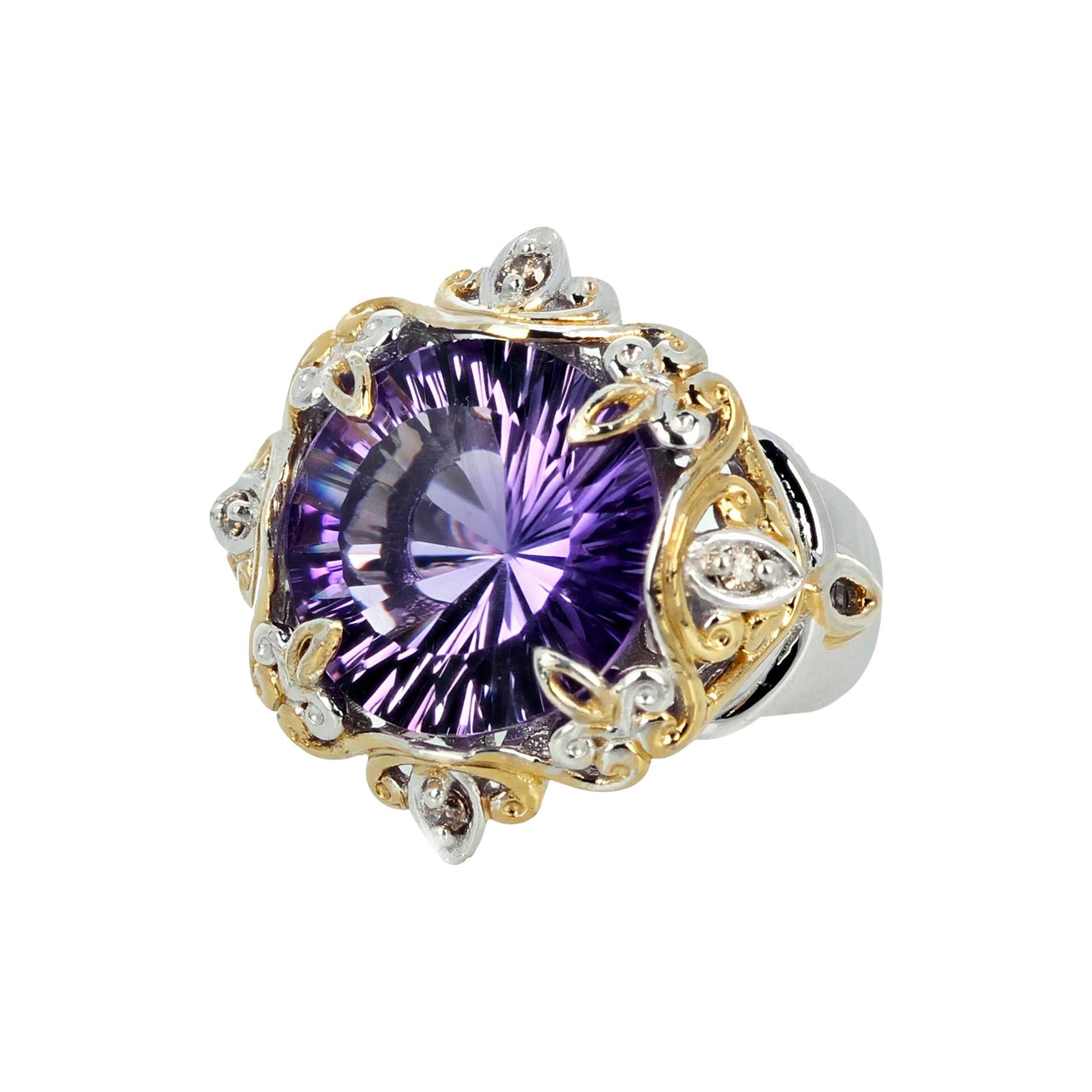 This glittering natural 14mm Amethyst is set in a sterling silver and gold plated ring size 6.5 (sizable for free).  The cut of this beautiful Amethyst makes it glitter all the time in all different lights.  If you wish faster delivery on your