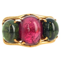 AJD "Elegant Chic" Pink & Green Cabochon Tourmaline 18 Karat Gold Ring