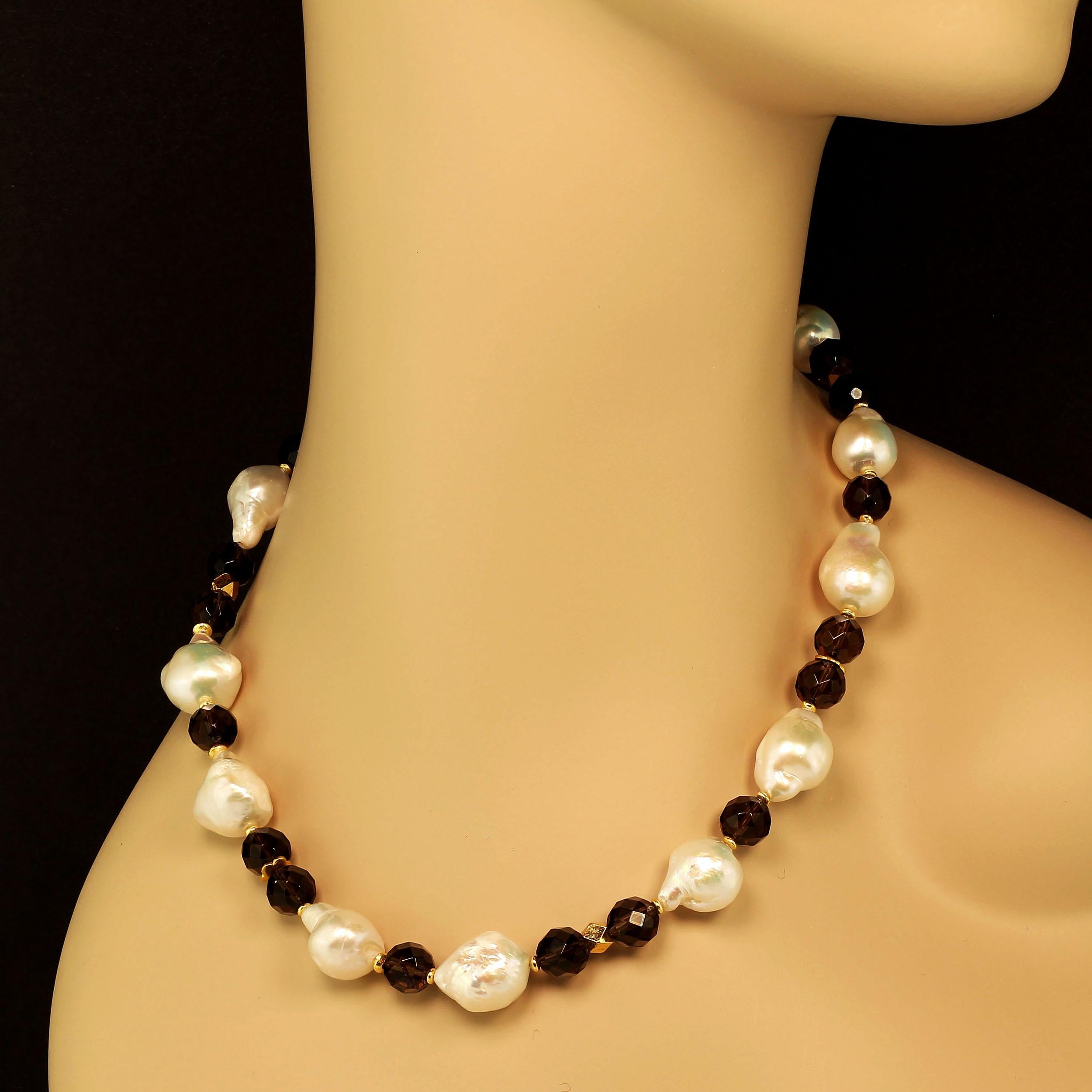 AJD Freshwater Pearl and Smoky Quartz Necklace June Birthstone In New Condition In Raleigh, NC