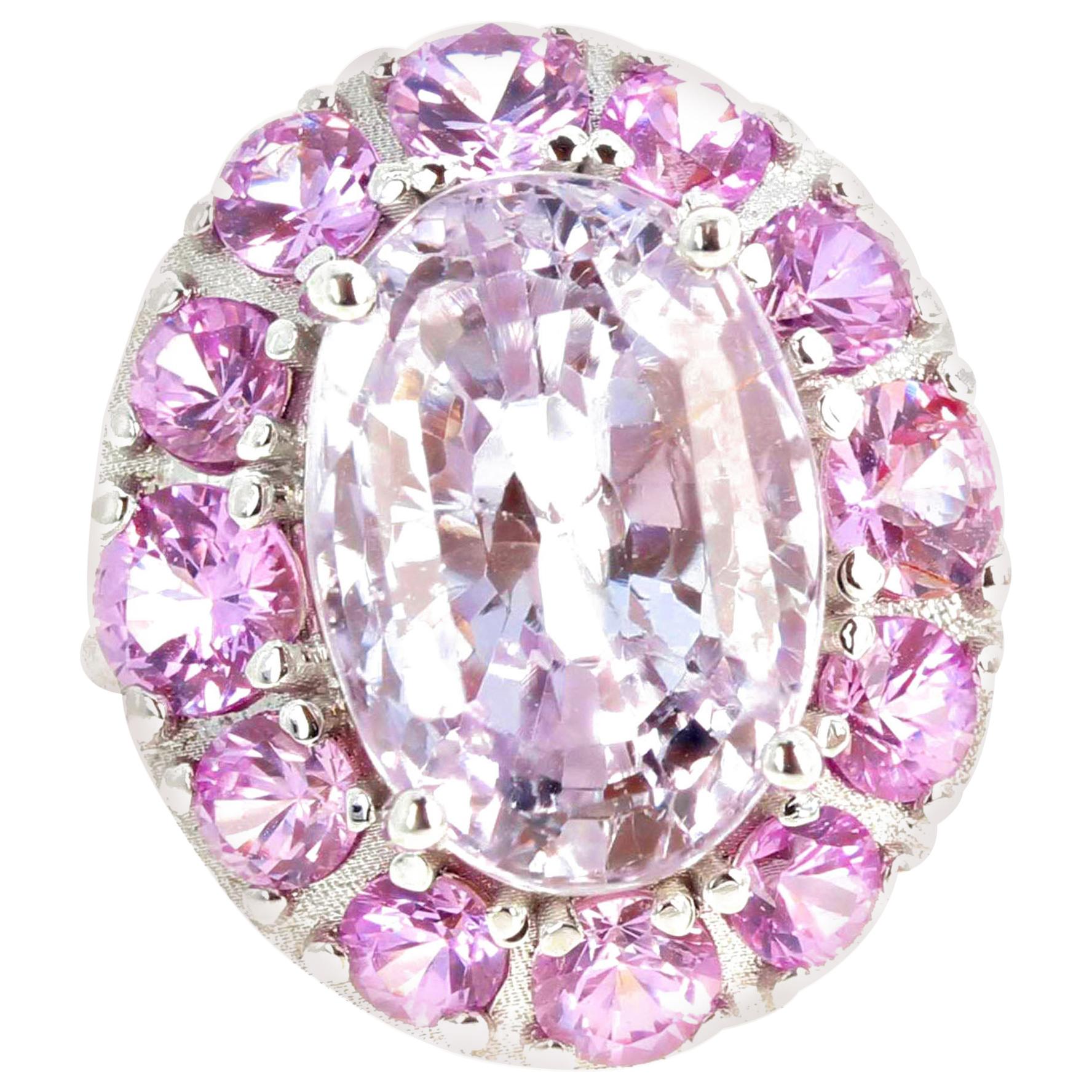 AJD Gorgeous 10 Carat Natural Pink Kunzite & Real Pink Sapphires Gold Ring For Sale