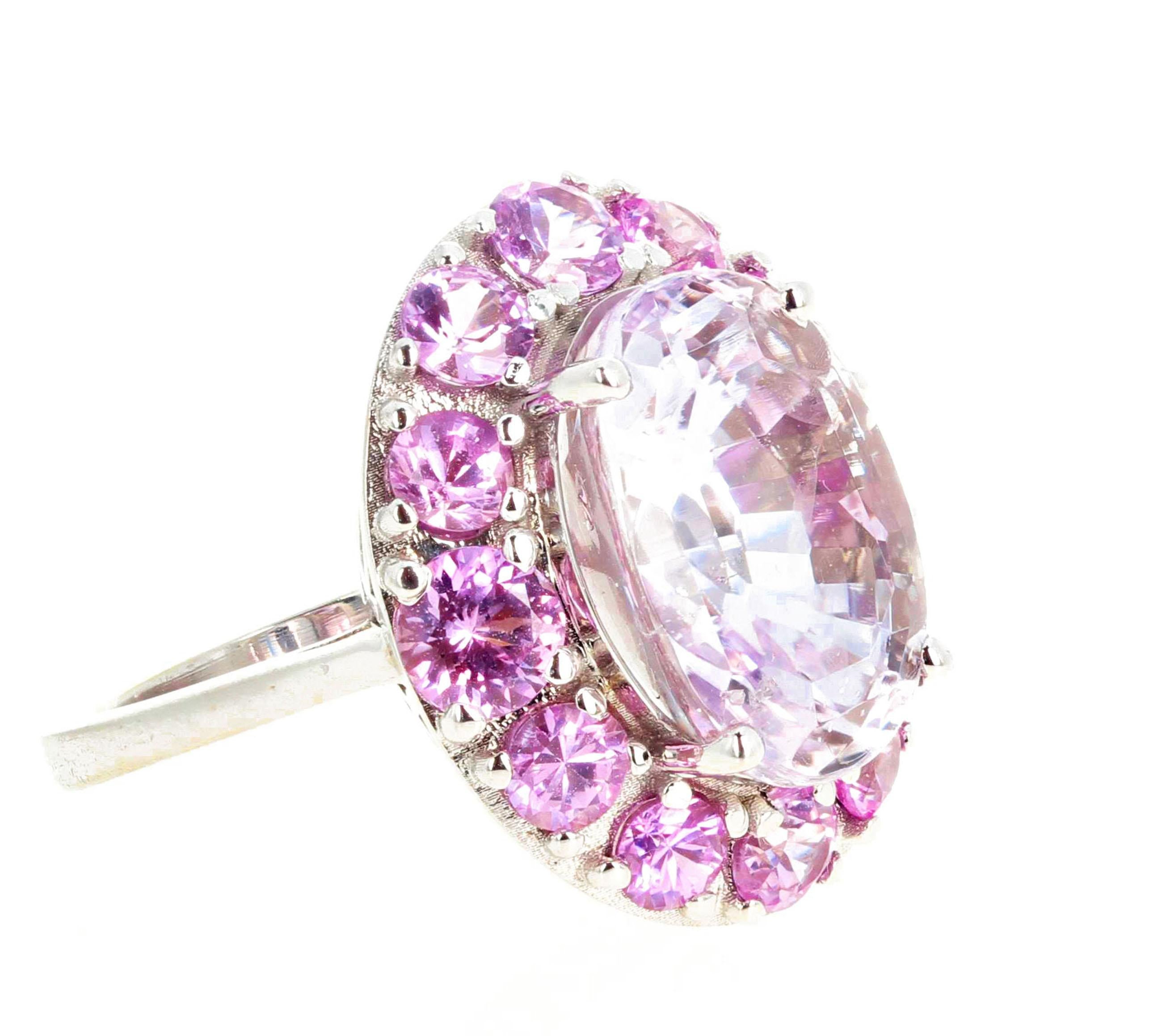 Oval Cut AJD Gorgeous 10 Carat Natural Pink Kunzite & Real Pink Sapphires Gold Ring For Sale