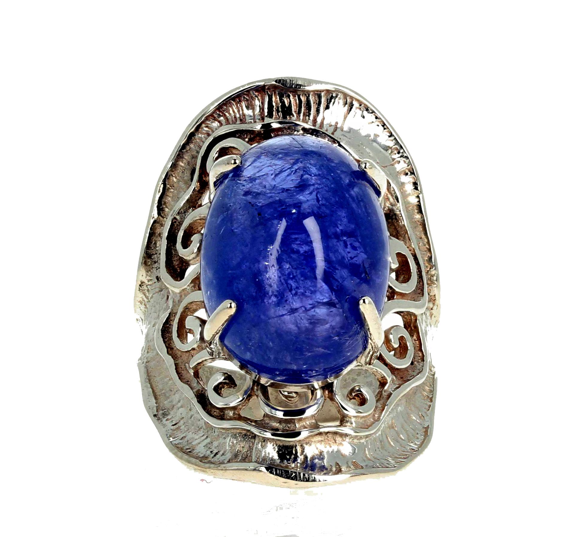 Cabochon AJD Glistening Natural HUGE BIG Blue 17.63 Ct. Tanzanite Sterling Silver Ring For Sale
