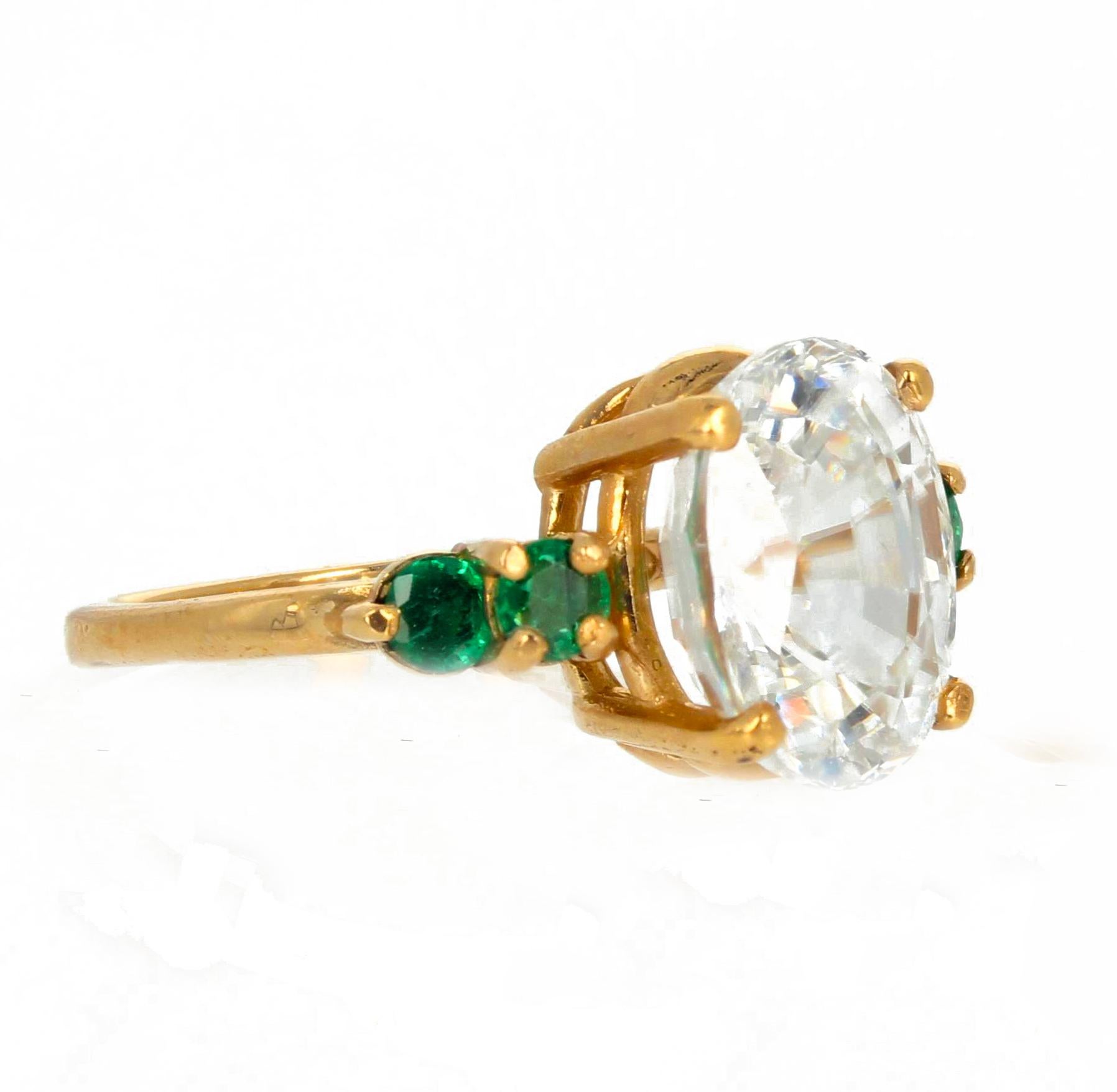 Mixed Cut AJD Glittering 4 Ct. White Zircon & Natural REAL Green Emeralds Yellow Gold Ring For Sale