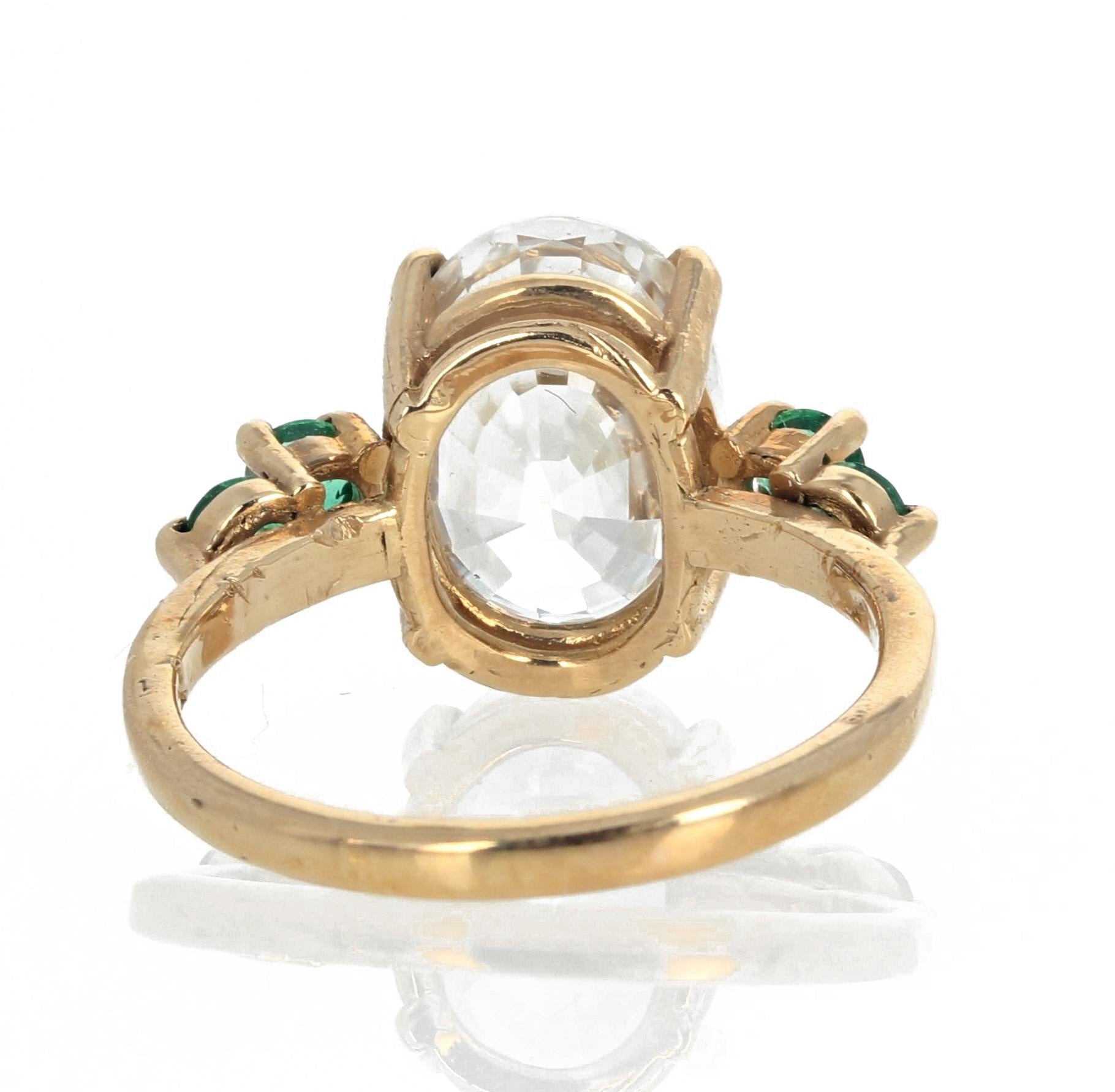 AJD Glittering 4 Ct. White Zircon & Natural REAL Green Emeralds Yellow Gold Ring In New Condition For Sale In Raleigh, NC