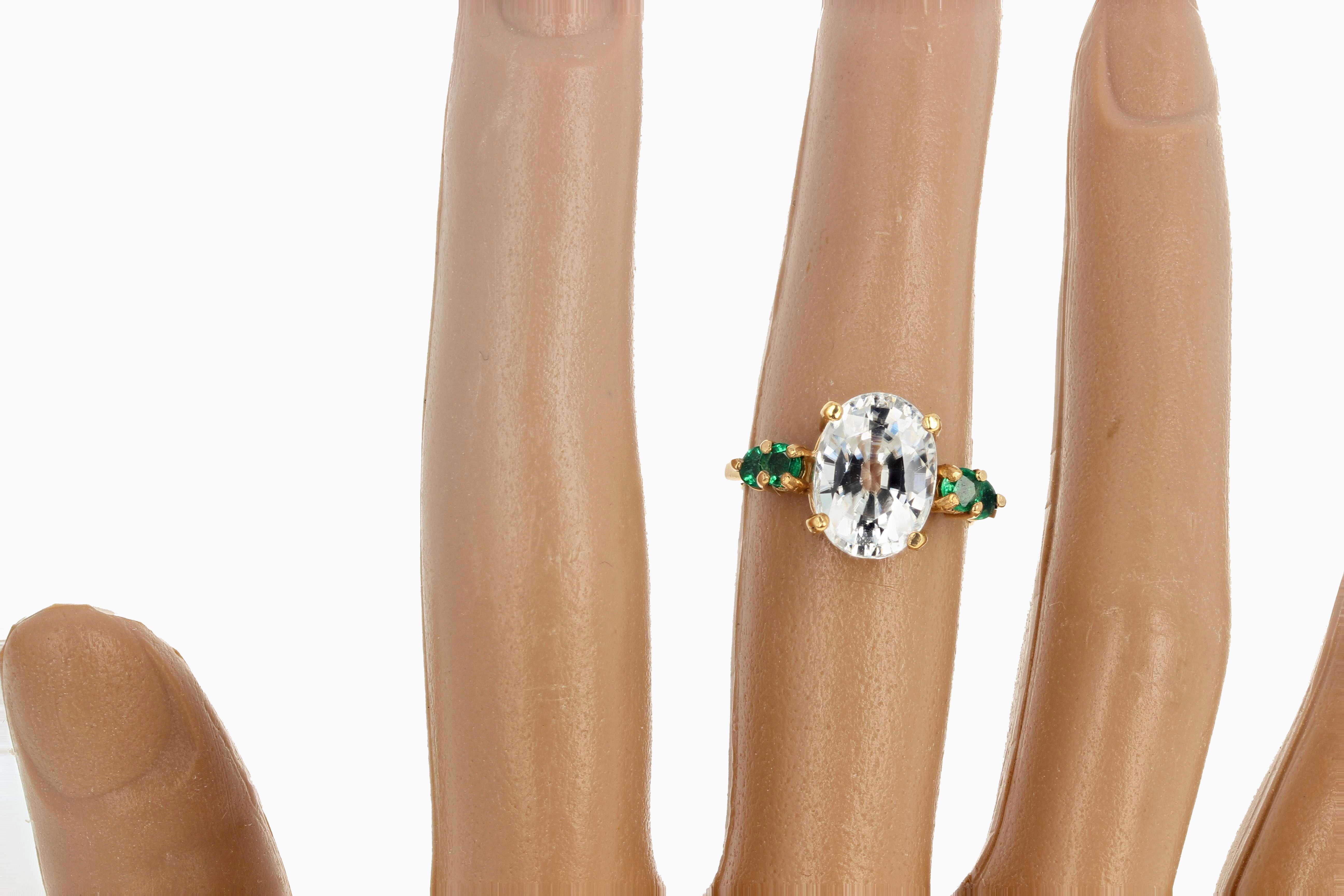 Women's or Men's AJD Glittering 4 Ct. White Zircon & Natural REAL Green Emeralds Yellow Gold Ring For Sale