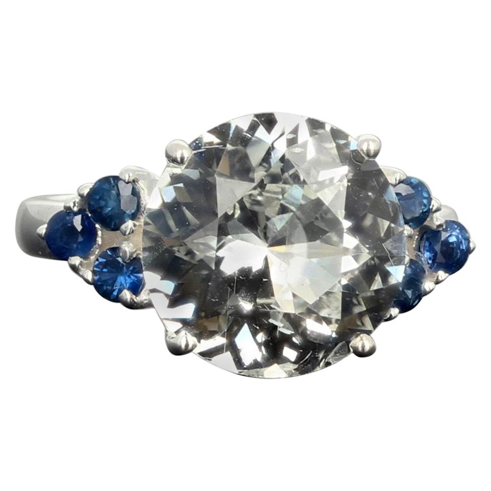 AJD Glittering 6.52 Carat Natural Fiery White Zircon & Blue Sapphires Ring In New Condition For Sale In Raleigh, NC