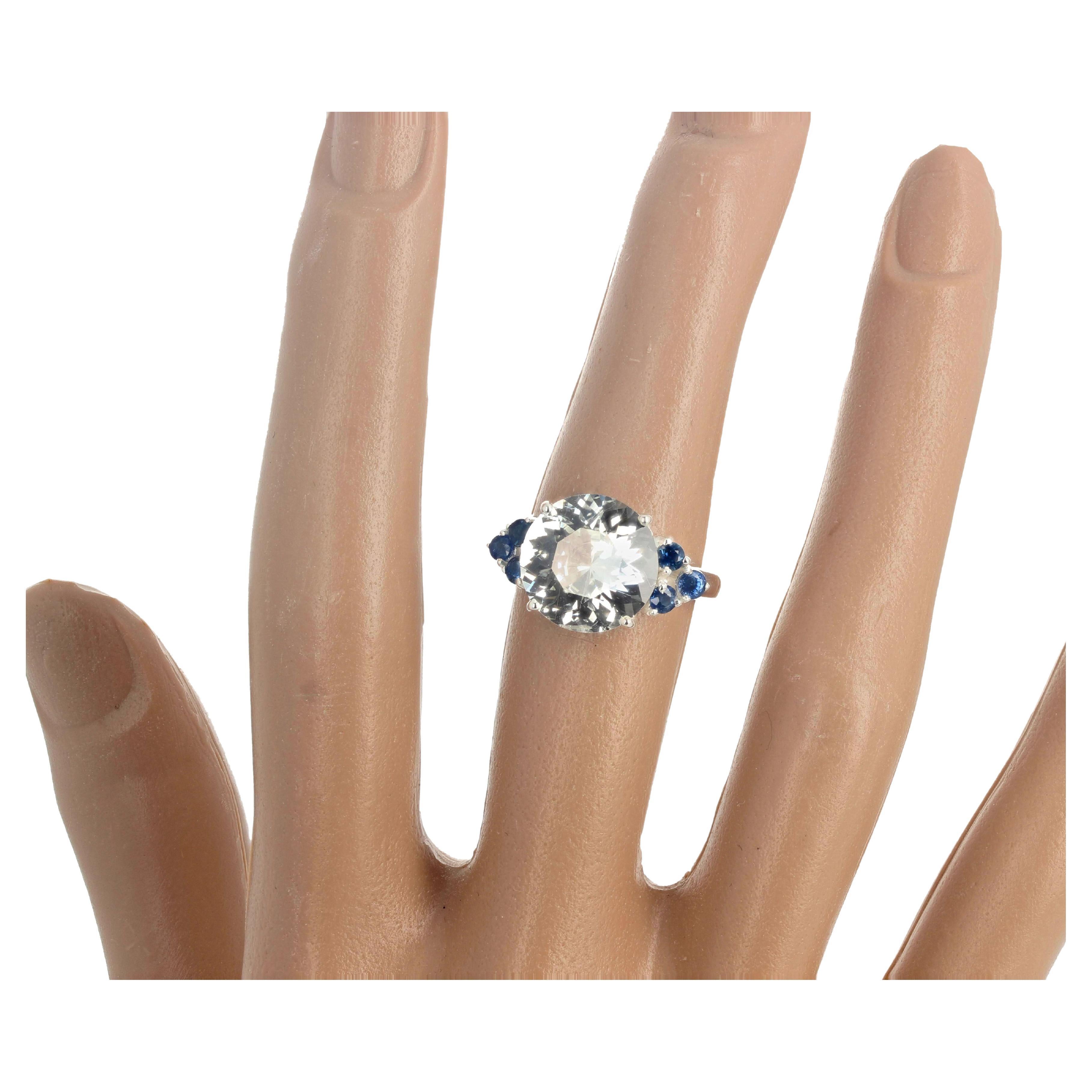 Round Cut AJD Glittering 6.52 Carat Natural Fiery White Zircon & Blue Sapphires Ring For Sale