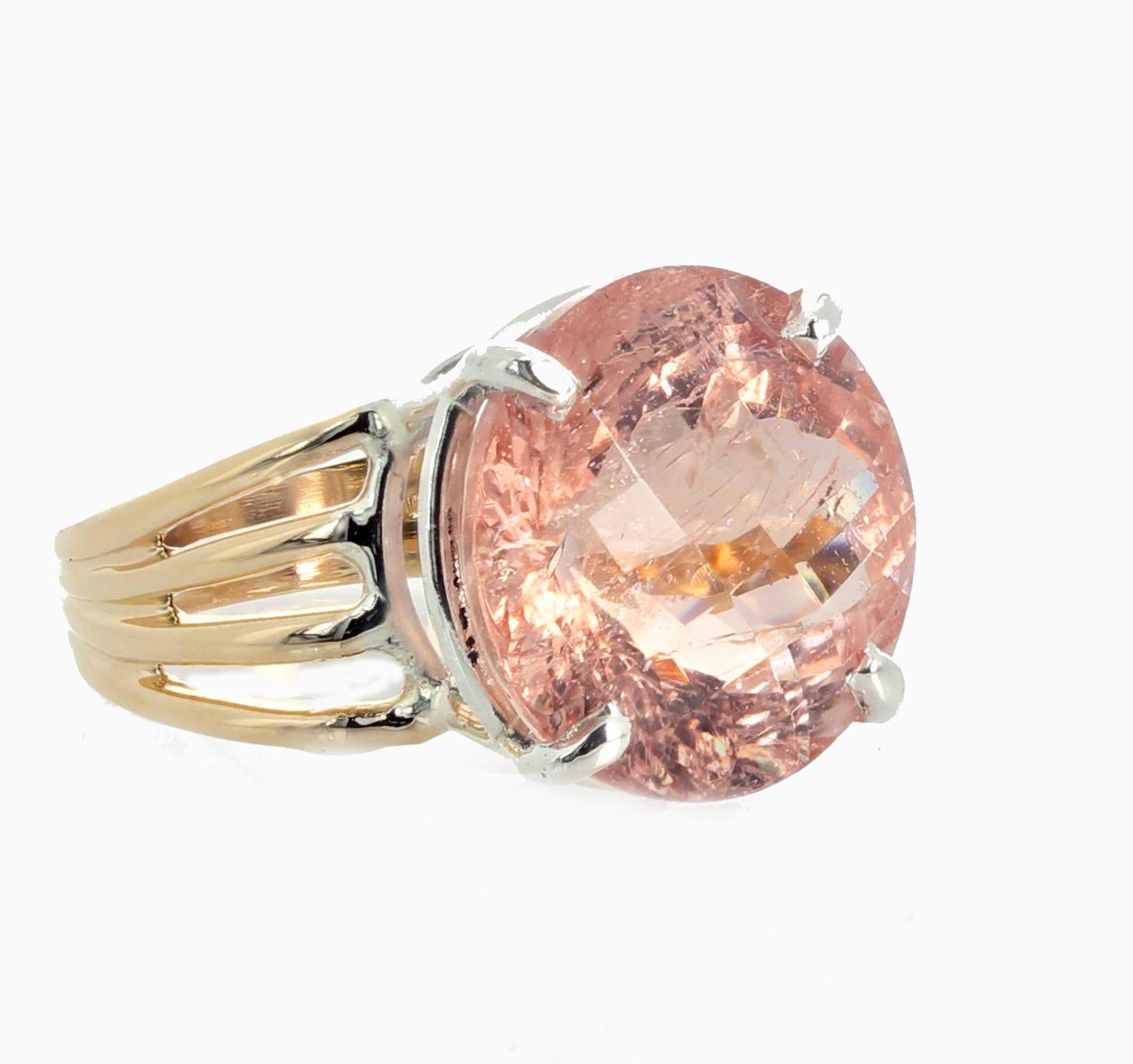Round Cut AJD Glittering Natural 14.1Ct. Pink Morganite 14K Yellow Gold & Silver Ring