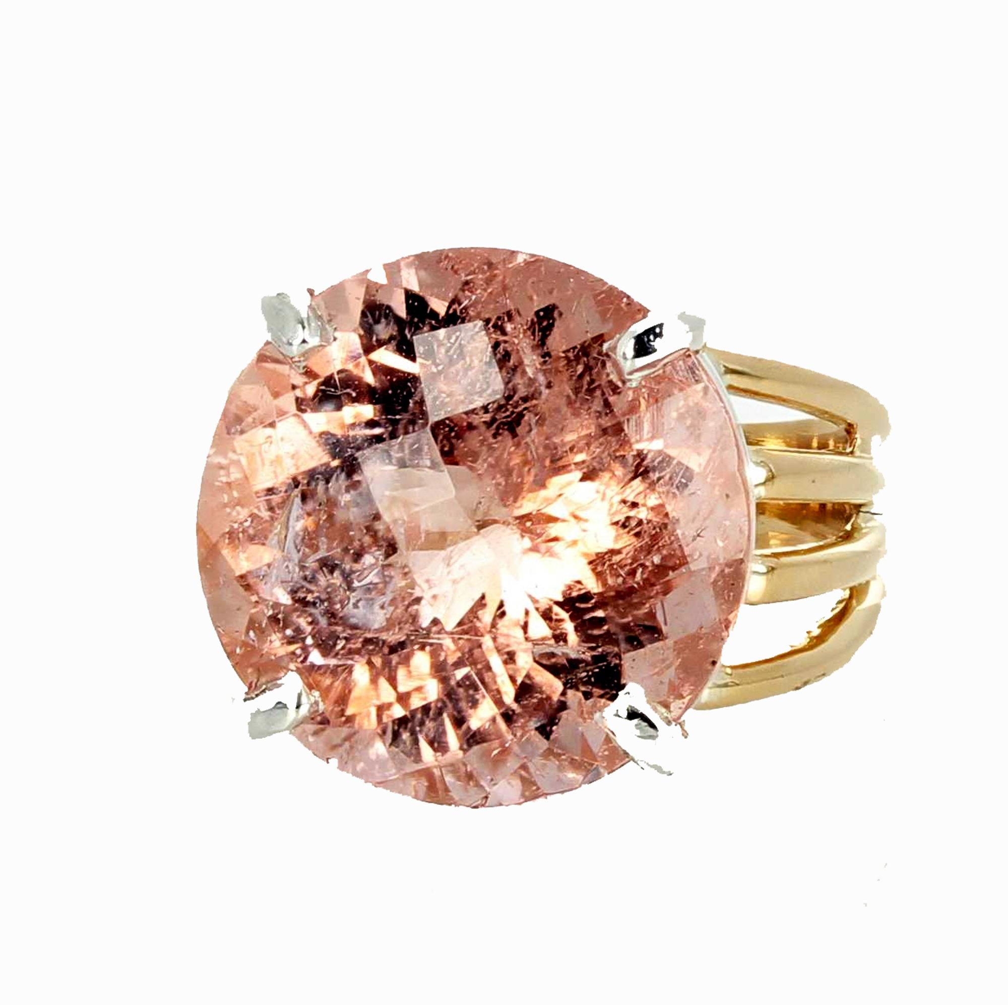 AJD Glittering Natural 14.1Ct. Pink Morganite 14K Yellow Gold & Silver Ring In New Condition In Raleigh, NC