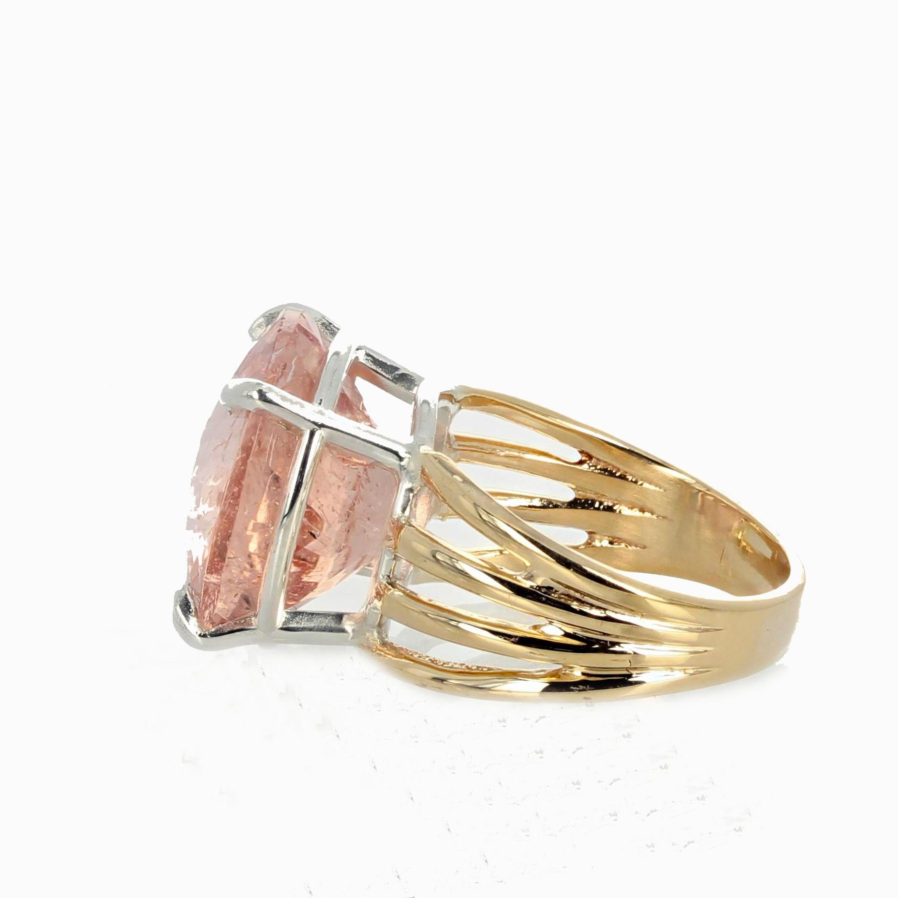 Women's or Men's AJD Glittering Natural 14.1Ct. Pink Morganite 14K Yellow Gold & Silver Ring