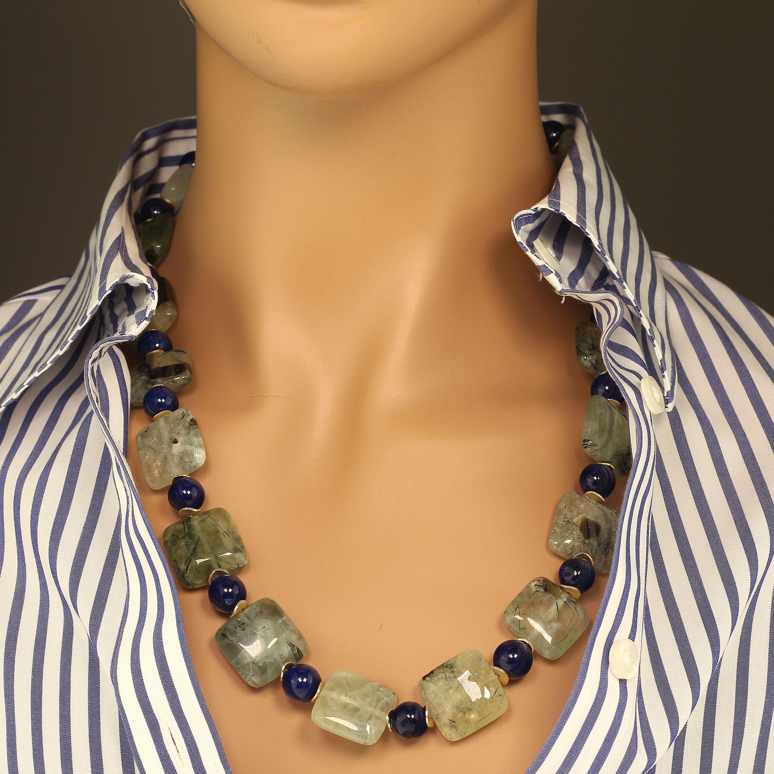 Long elegant necklace of Prehnite and blue Agate. This unique 24 inch necklace of square tablets of glowing green Prehnite combined with highly polished 10 MM dyed blue Agate is a delight to wear. We are happy to say that this gorgeous Prehnite
