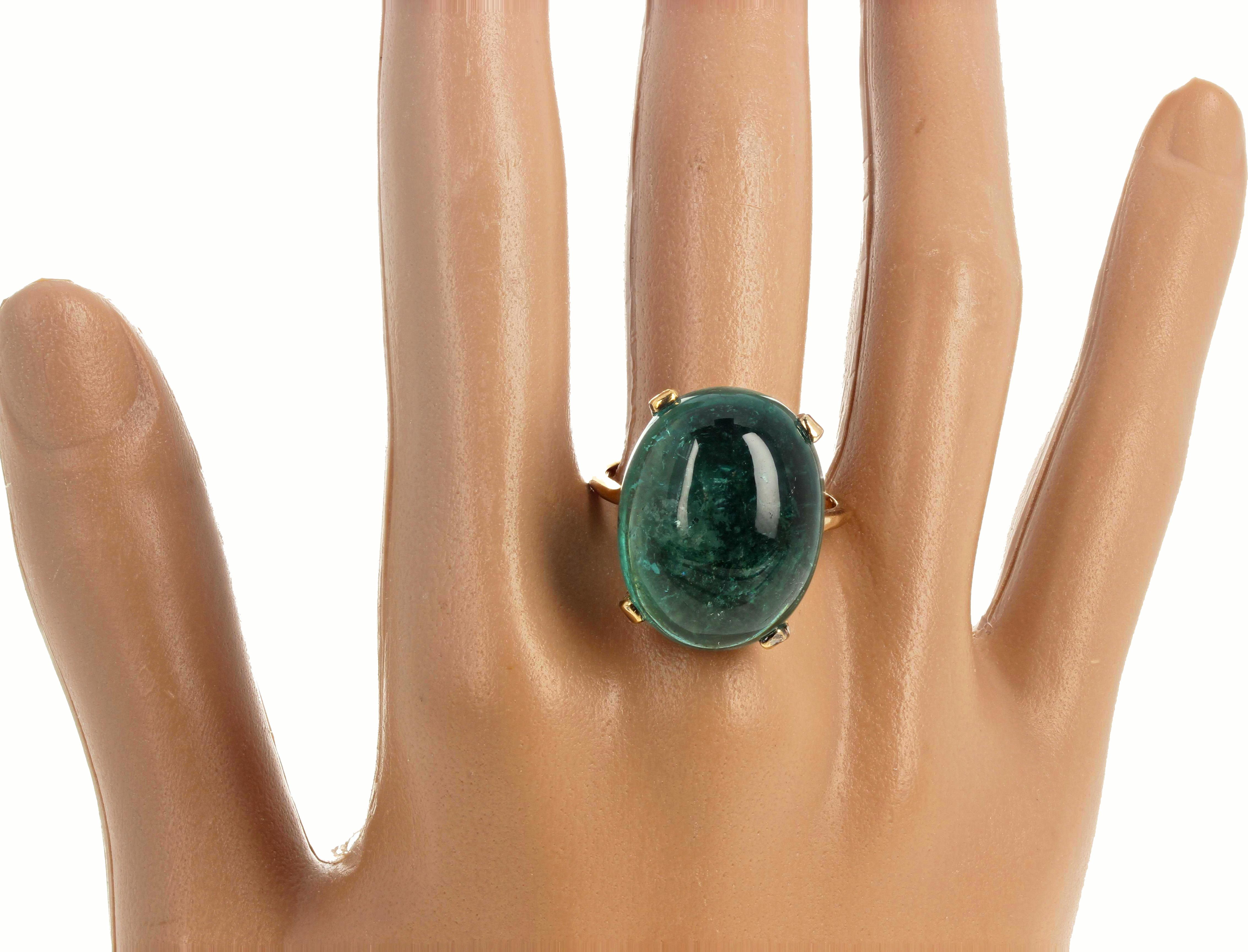 AJD Glowing Natural Green 31 Ct. Tourmaline Cabochon 14K Gold Ring In New Condition In Raleigh, NC