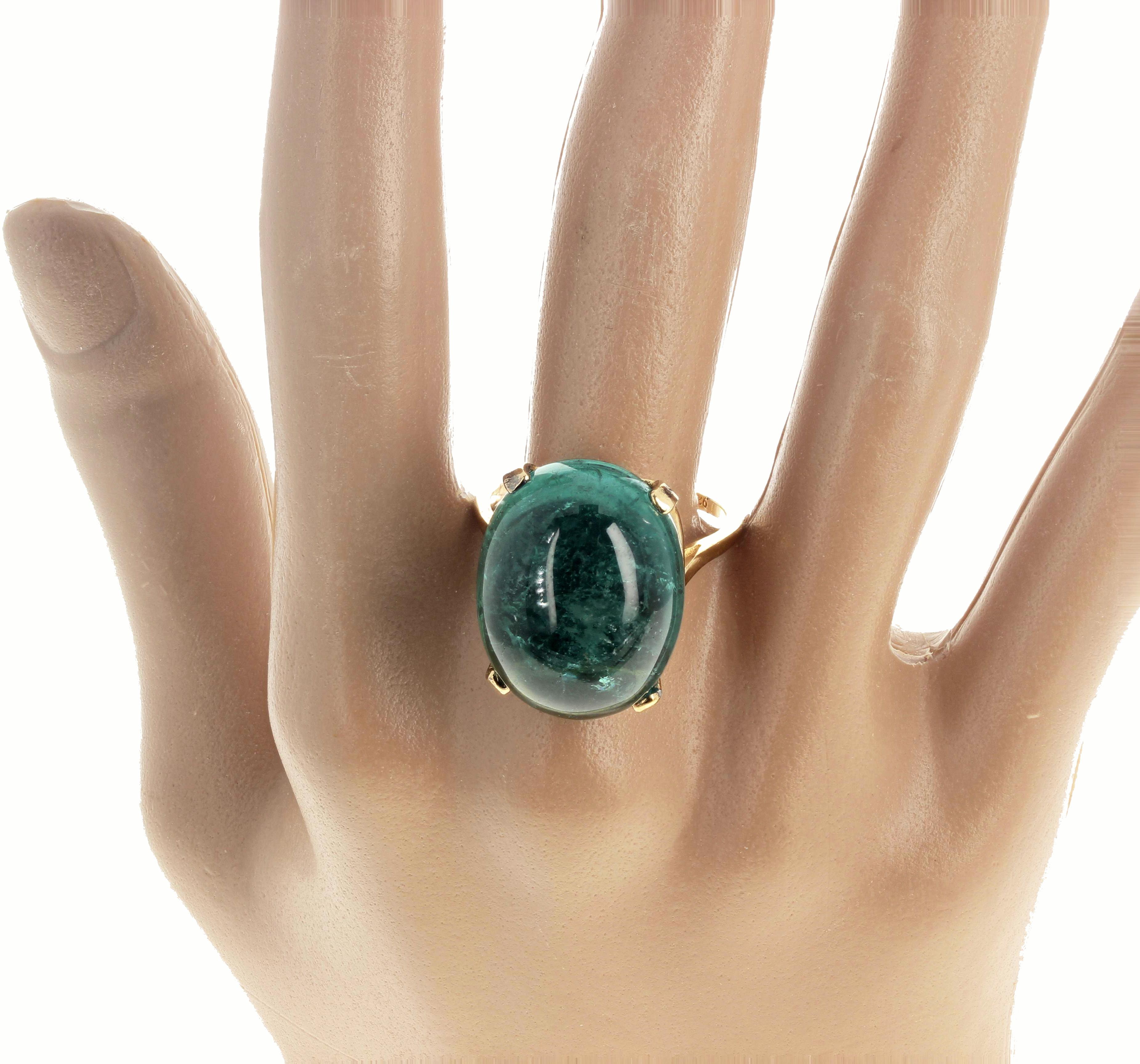 Women's or Men's AJD Glowing Natural Green 31 Ct. Tourmaline Cabochon 14K Gold Ring