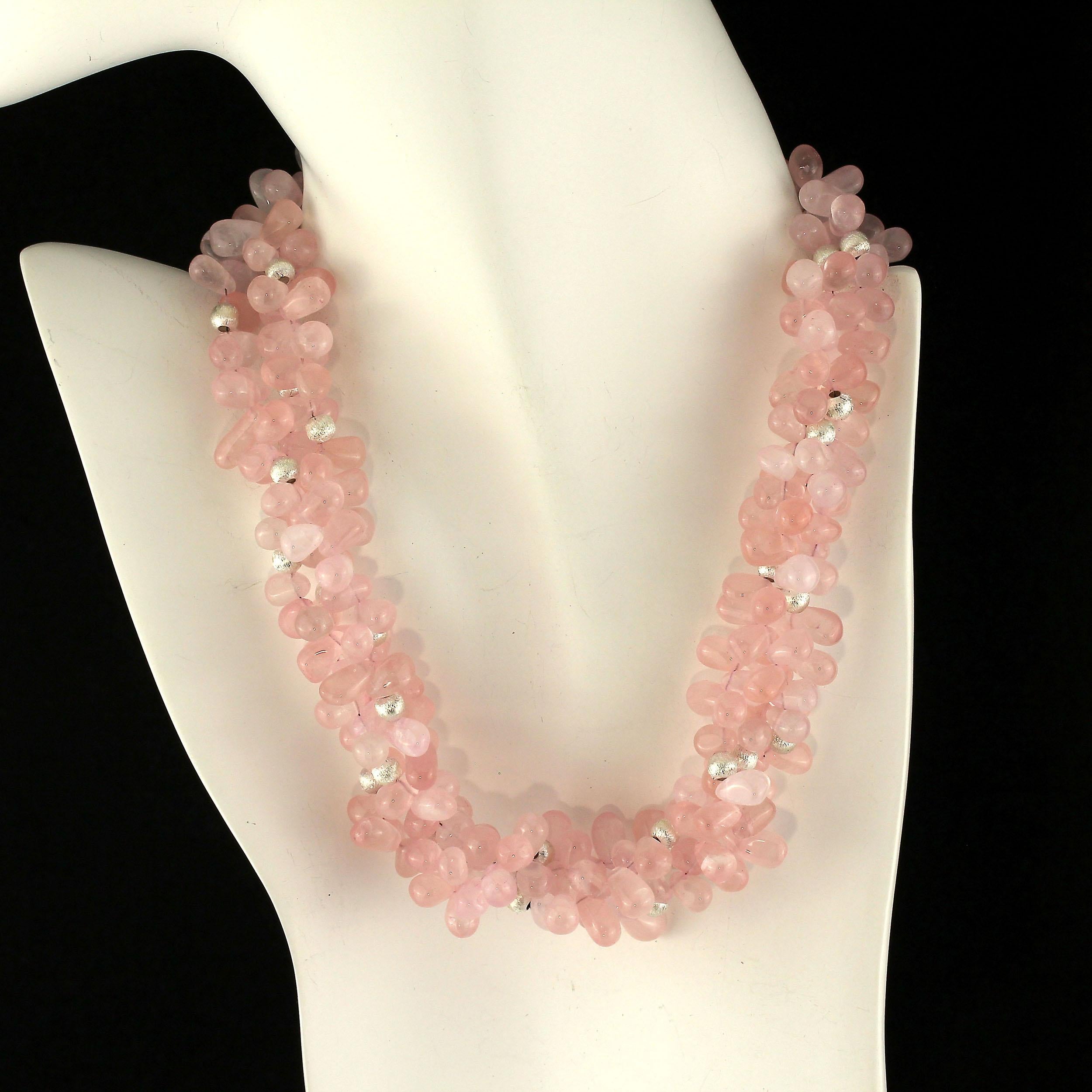 Gemjunky Glowing Briolette Rose Quartz Triple Stand Choker Necklace In New Condition In Raleigh, NC