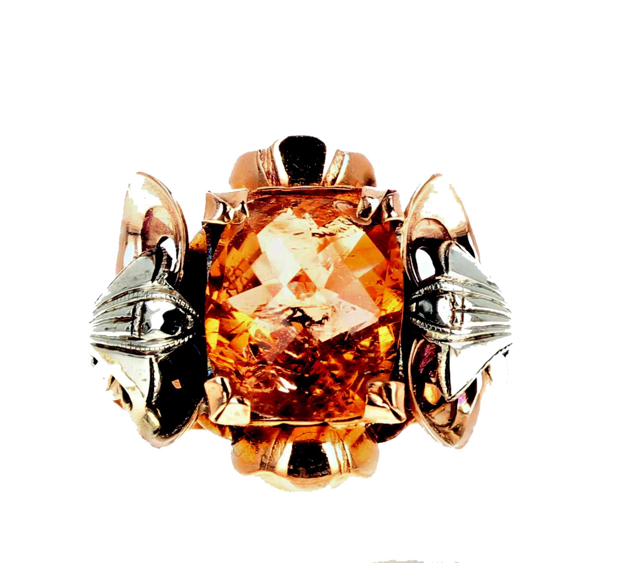 Cushion Cut AJD VERY RARE Golden Glittering 4.95 Ct. REAL IMPERIAL TOPAZ Gold & Silver Ring For Sale