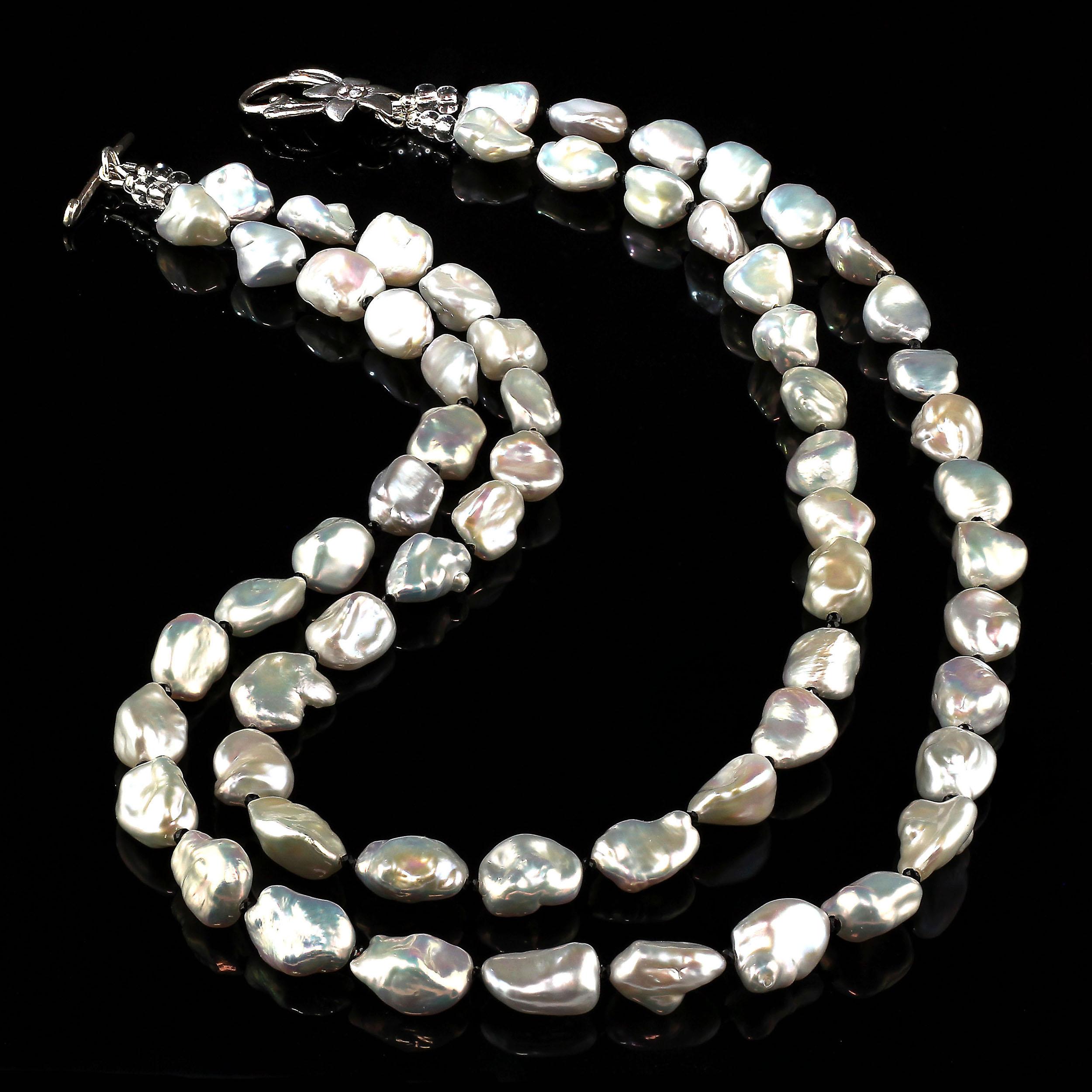 Artist AJD Gorgeous Two-Strand Silvery Iridescent Keshi Pearl Necklace 19-23 Inches