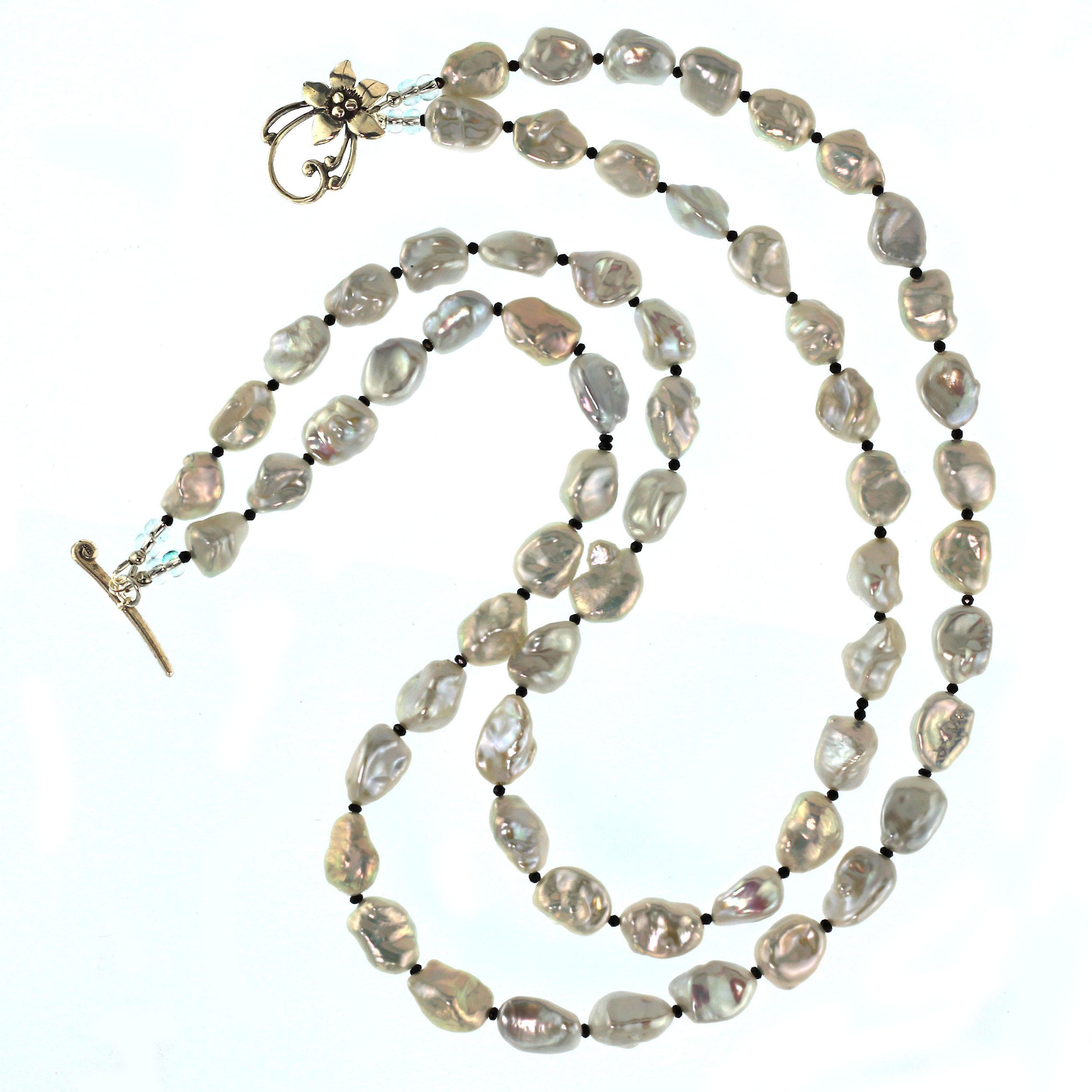 AJD Gorgeous Two-Strand Silvery Iridescent Keshi Pearl Necklace 19-23 Inches In New Condition In Raleigh, NC