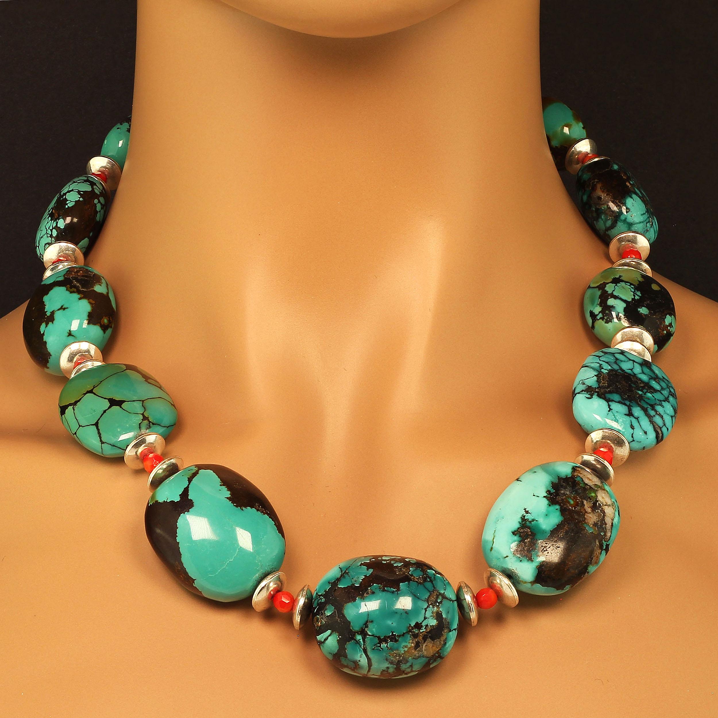 AJD Graduated Hubei Turquoise Nugget Necklace with Orange & Silver Accents In New Condition In Raleigh, NC