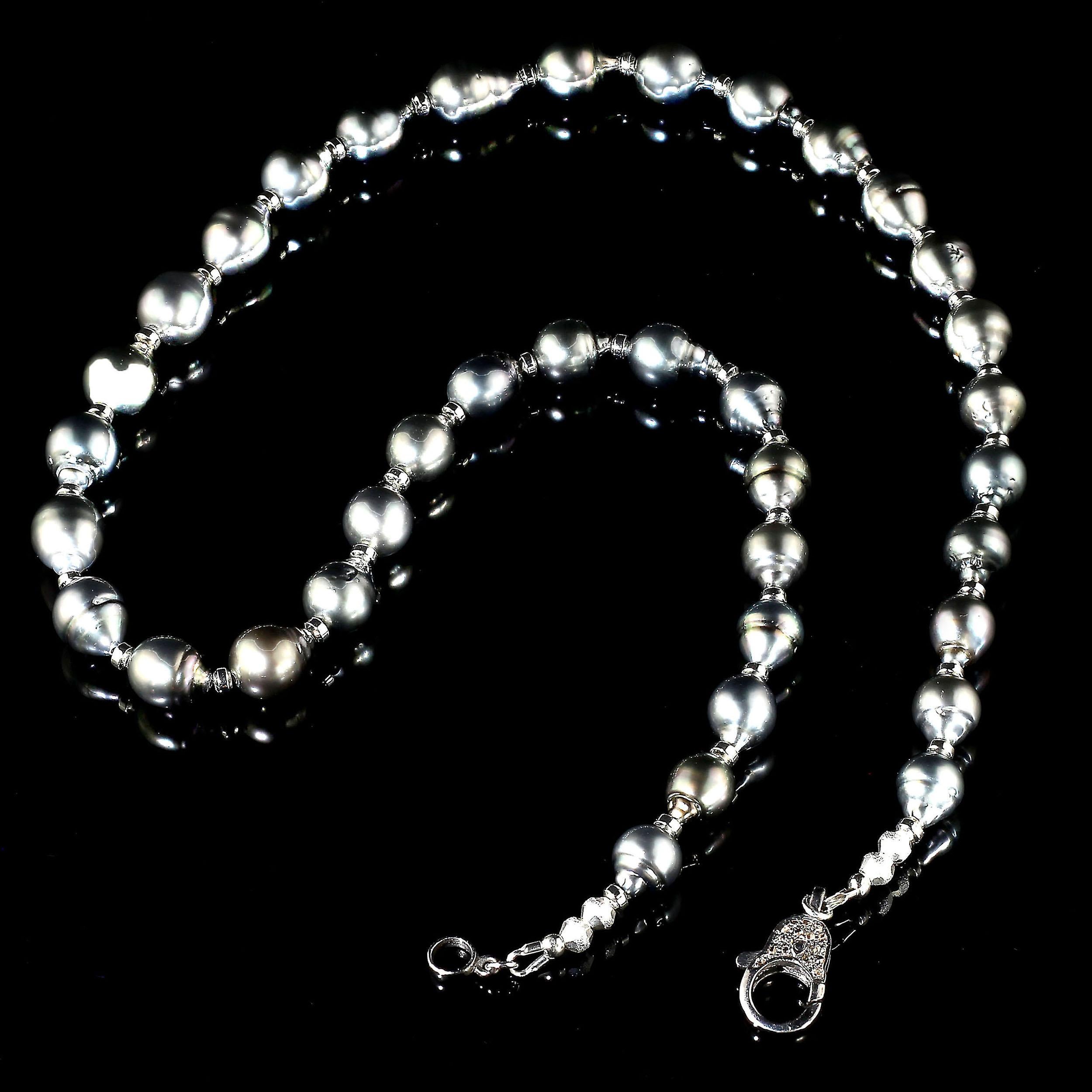 AJD Silver, Iridescent Tahitian Pearl Necklace & Silver Accents June Birthstone In New Condition In Raleigh, NC
