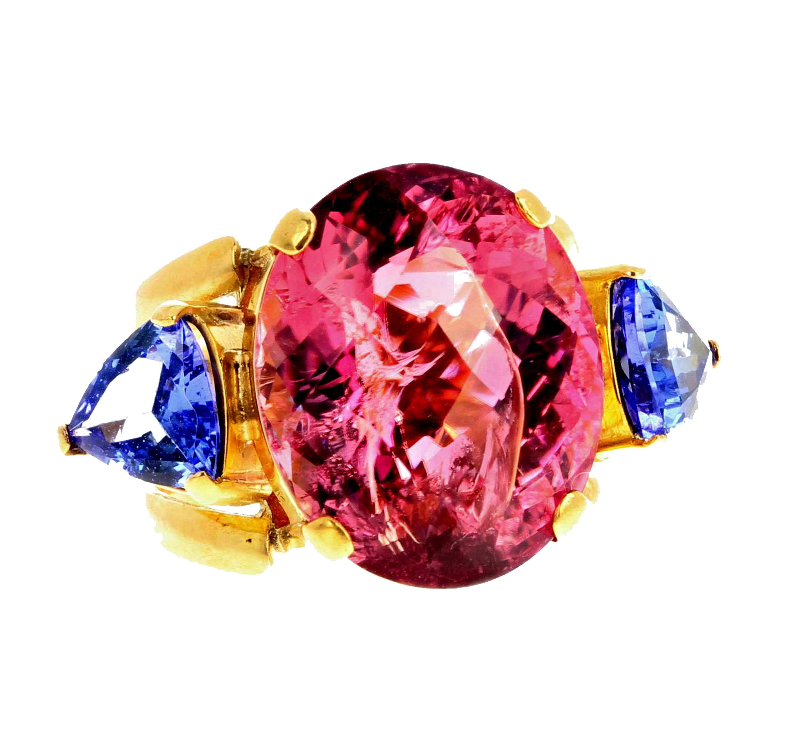 Oval Cut AJD Hollywood 16 Ct Glittering Pink Tourmaline & Tanzanite 18Kt Gold Ring For Sale