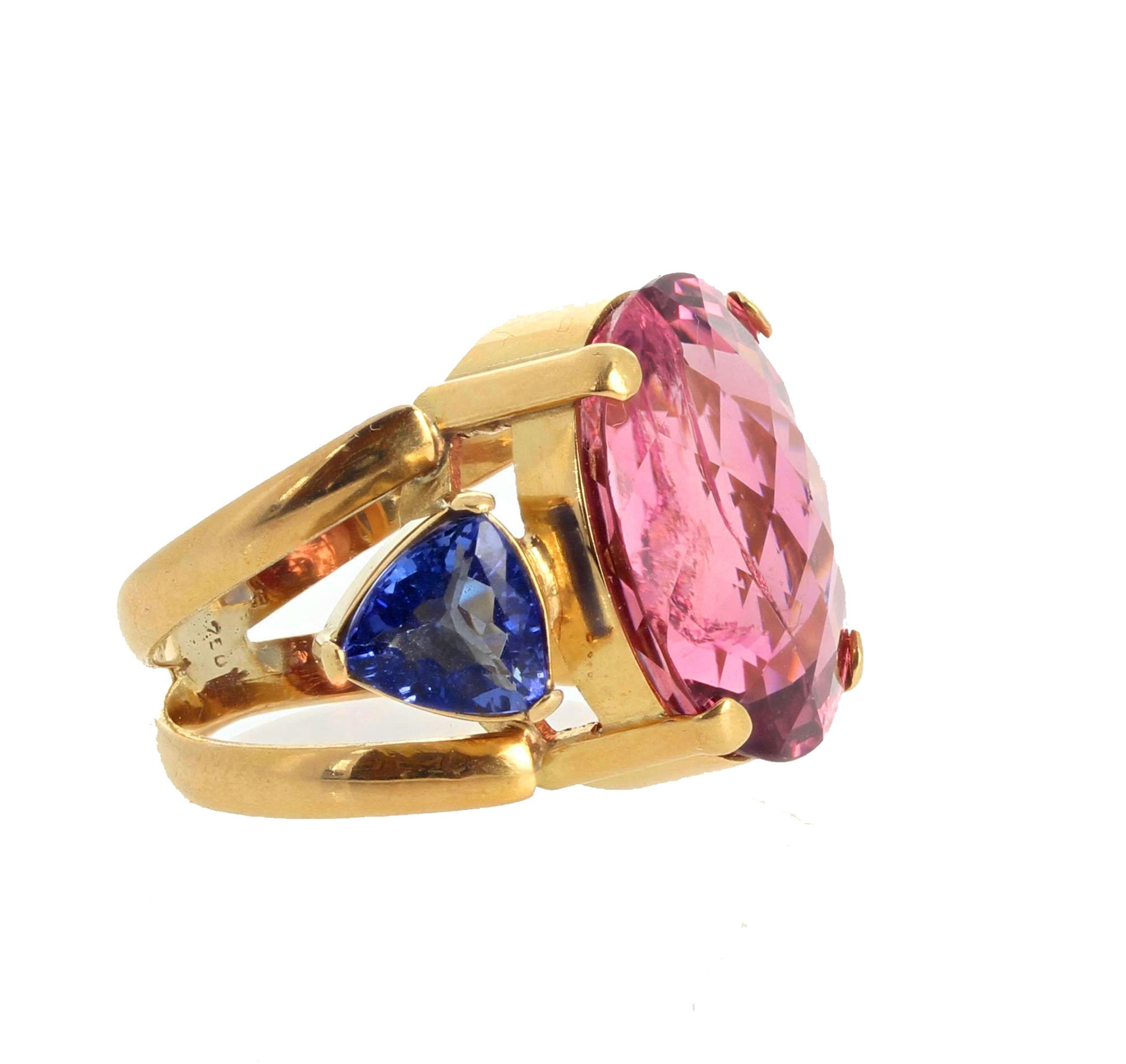 AJD Hollywood 16 Ct Glittering Pink Tourmaline & Tanzanite 18Kt Gold Ring In New Condition For Sale In Raleigh, NC